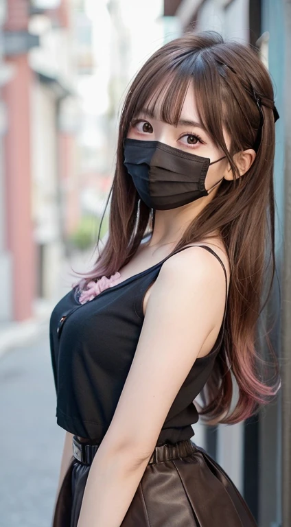 best quality, masterpiece, 1girl, miuna, slender, (brown hair:1.3), medium breasts, looking at viewer, detailed, (pink colored inner hair,:1.2), jirai fashion, black waist skirt, (black eyes:1.2), long hair, (black mouth mask:1.3), highlight in eyes, long hair