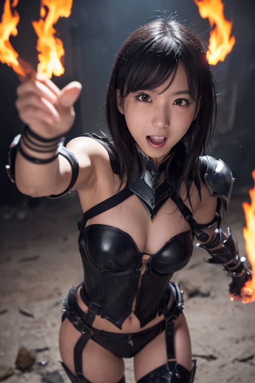 A young Japanese girl in an ominous gothic castle, casting a spell with her mouth open, ((flames of magic emanating from her hands)), wearing revealing leather armor, ((sweat-covered body)), black hair with bangs, mischievous smile, big dark eyes, ((a small nipple peeking through her damaged armor)), ((average bust)), toned waist, exposed navel, attractive thighs, beautiful bare legs, (best quality,4k,8k,highres,masterpiece:1.2),ultra-detailed,(realistic,photorealistic,photo-realistic:1.37),HDR,UHD,studio lighting,ultra-fine painting,sharp focus,physically-based rendering,extreme detail description,professional,vivid colors,bokeh,dark fantasy,surreal,moody,dramatic lighting