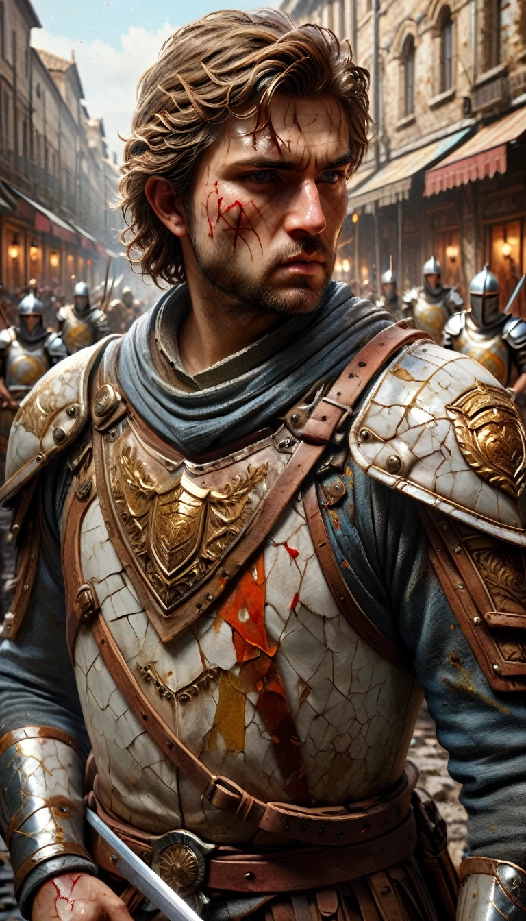 A fierce battlefield with Arthur leading his knights into battle on horseback, wielding Excalibur with skill and bravery against the invading Saxons, hyperdetailed face and skin, add skin textures, hyperdetailed & ultrarealistic digital illustration, oil paint, heavy strokes, messy, light color splashes, solarpunk, 1 person & 1 head, cinematic 3D, splatters on camera, masterpiece, David Coulter, Roberto Ferri, Craig Mullins, Sabbas Apterus, Yoshitaka Amano, Louis Royo trending on Artstation, realistic & tetradic colors, Sharp and focused, ambient light, ultra fine details, ultra quality, ultra sharp focus, Leica M6, 85mm lens, f/2.8 ISO 400, shutter speed 1/100, hyperrealism, maximalism, photorealism, cinematic lighting, dynamic lighting, volumetric lighting, Octane Render, Unreal Engine 5, VRay,