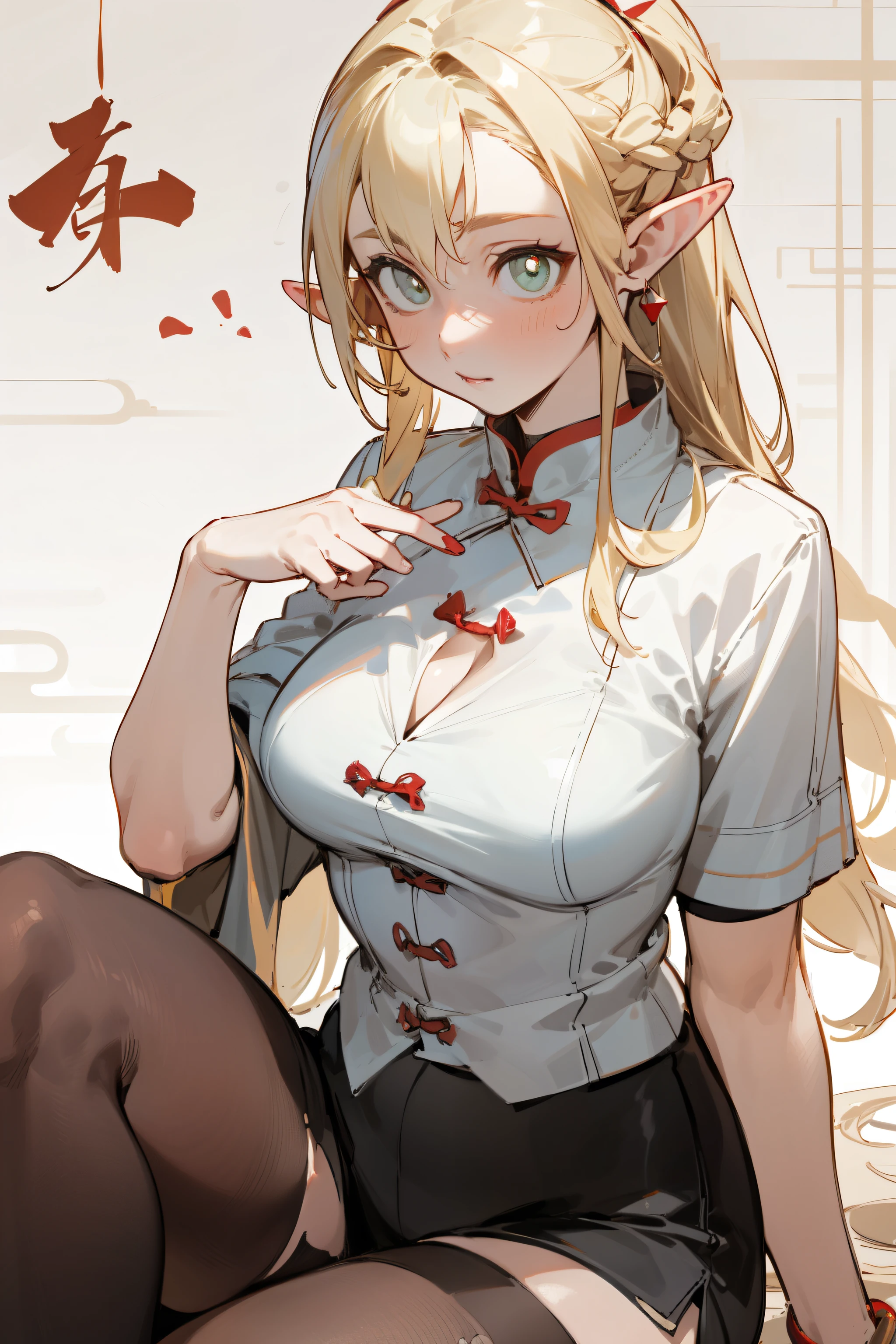 (masterpiece, best quality) detailed, Wearing black tights, , Blonde ,elegant, (Fox ears),Red Eyeshadow, ,Chinese element pattern,thigh,漏出thigh,White shirt,Deep V one-piece swimsuit,Large Breasts