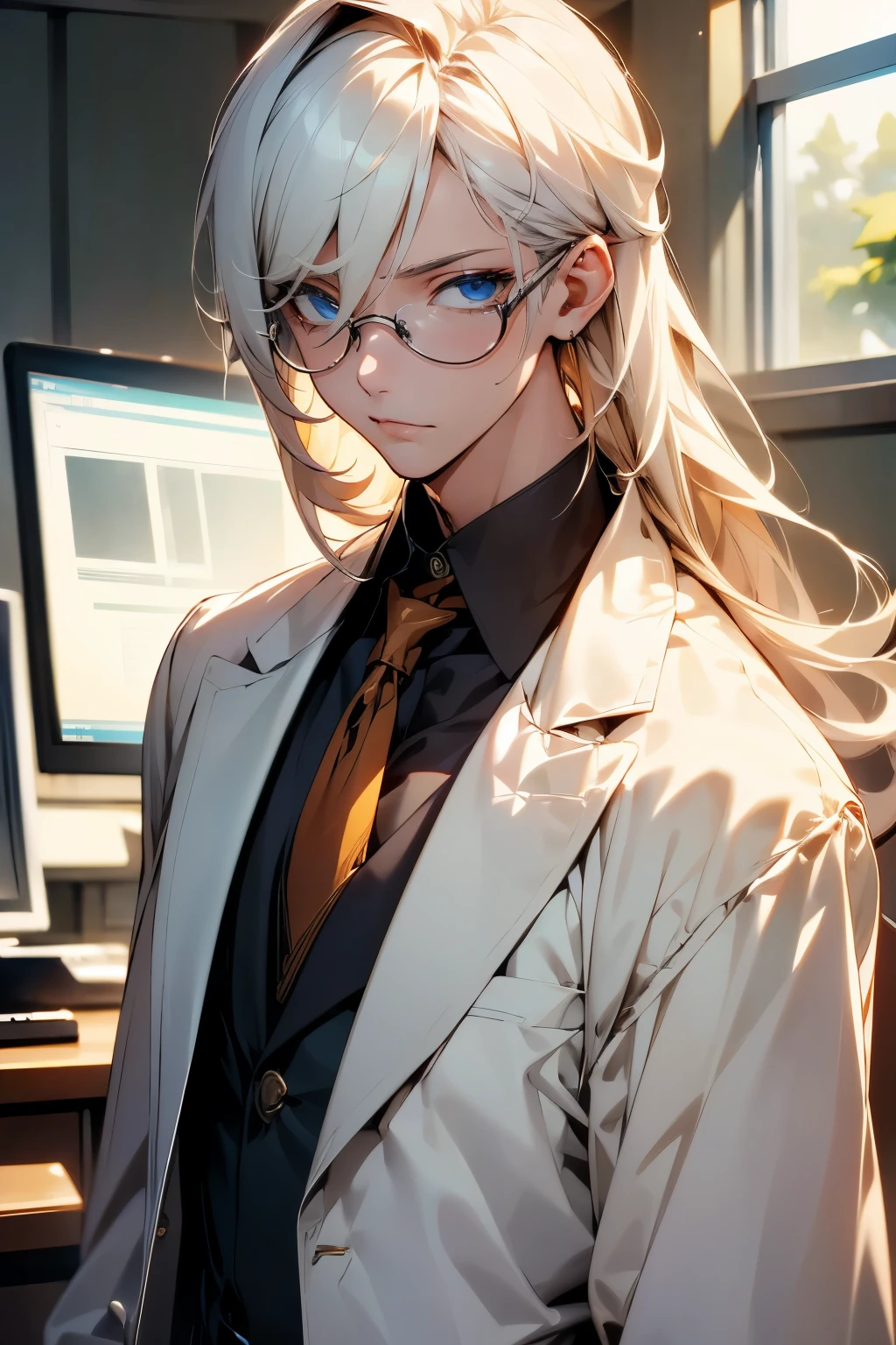 adult male character, lab coat, scientist, long white hair, white eyelashes, bishonen, dandere, serious, androgynous beauty, pale skin, rectangular glasses, beautiful eyes sharp eyes, sharp features, best quality, pixiv art, character design, beautiful hair, soft and warm ambience, office background, celshaded, office siren inspired, handsome human male