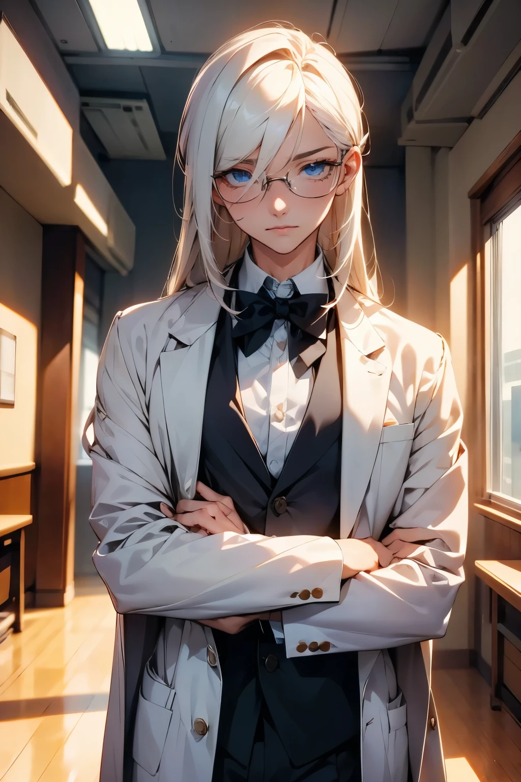 adult male character, lab coat, scientist, long white hair, white eyelashes, bishonen, dandere, serious, androgynous beauty, pale skin, rectangular glasses, beautiful eyes sharp eyes, sharp features, best quality, pixiv art, character design, beautiful hair, soft and warm ambience, office background, celshaded, office siren inspired, handsome human male