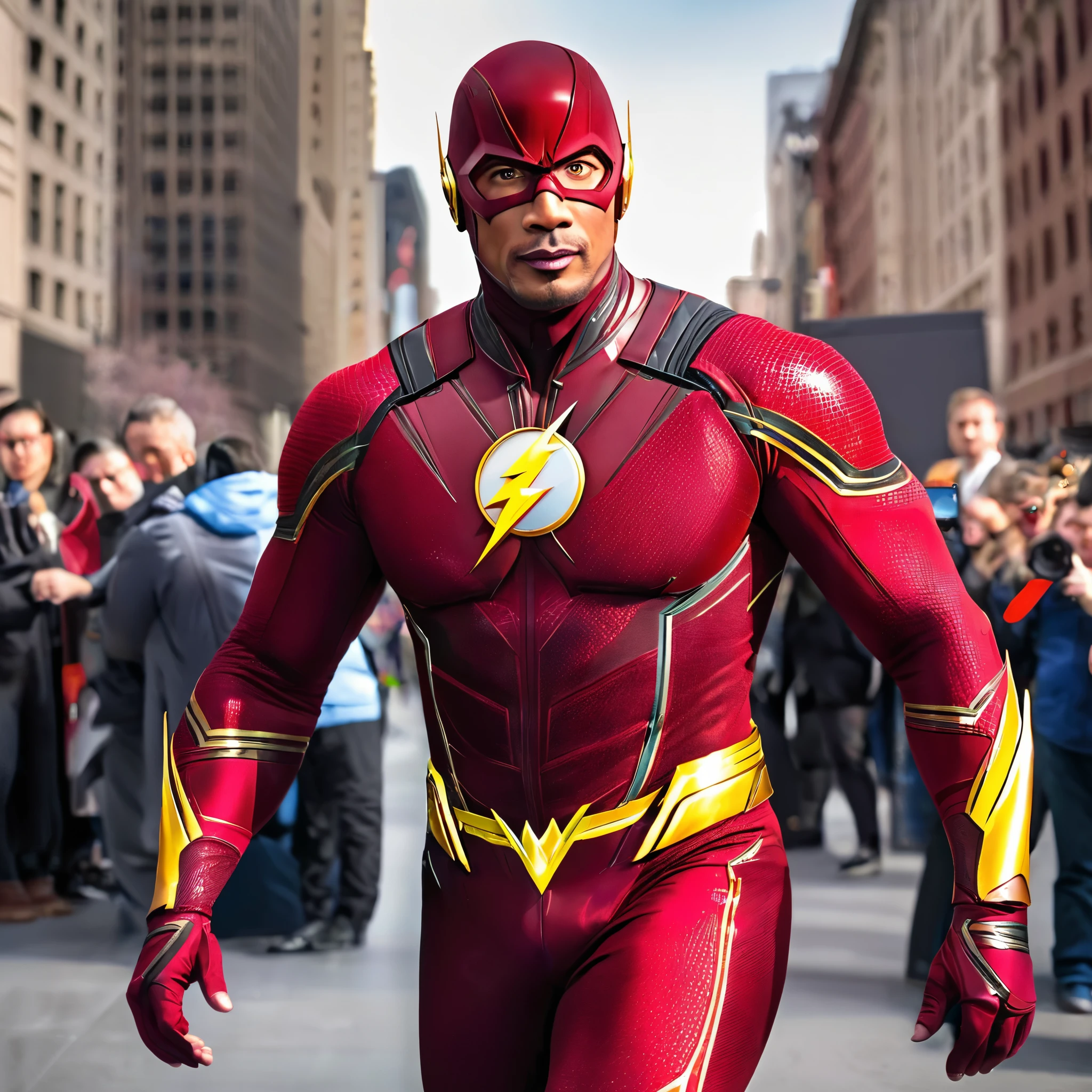 Dwayne Johnson as Flash, Dwayne Johnson using a Flash costume suit, Dwayne Johnson faces, Dwayne Johnson