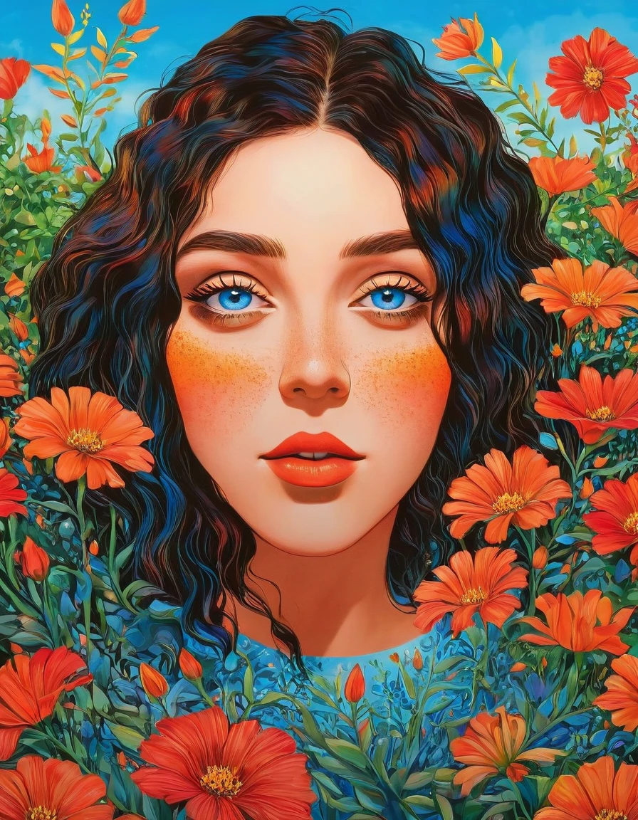 a beautiful girl in a lush garden, vibrant blue sky, red and orange flowers, detailed face and eyes, volumetric lighting, intricate details, photorealistic, high definition, masterpiece, professional digital art, cinematic color palette