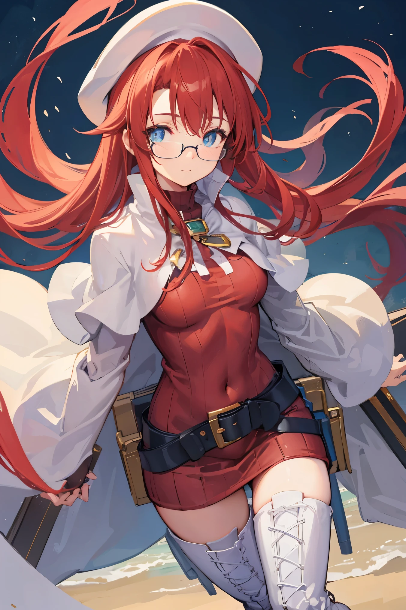 summonnightaty, aty, (young:1.3),long hair, blue eyes, red hair, large_beret, hat, glasses,
BREAK long hair, thighhighs, hat, dress, boots, glasses, belt, cape, sweater, zettai ryouiki, beret, thigh boots, white footwear, ribbed sweater, loose belt,solo,
BREAK outdoors, fantasy,on_beach
,Highquality_hads,perfect_fingers,
BREAK (masterpiece:1.2), best quality, high resolution, unity 8k wallpaper, (illustration:0.8), (beautiful detailed eyes:1.6), extremely detailed face, perfect lighting, extremely detailed CG, (perfect hands, perfect anatomy),covered_nipples,covered_navel ,half_eyes,long_sword,sleepy,standing,red_sweater,apart_knees,magical_effect,spread_legs, have_a_book,teacher,rise_knee,Smile,rise_hand,look_down_viewer,spread_arms,
