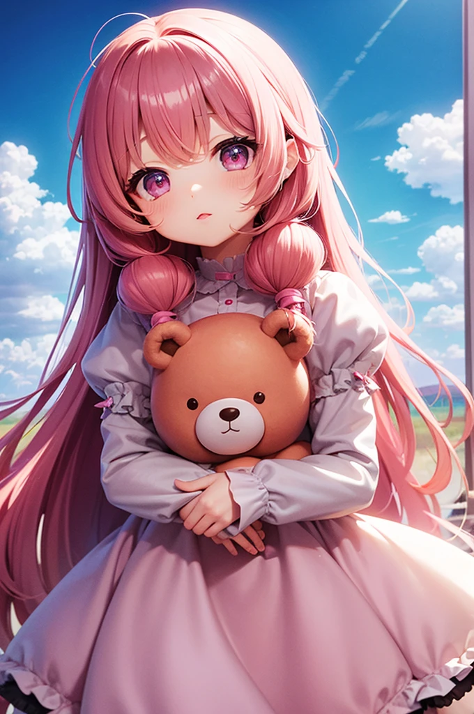 girl、5 years old、Long Hair、Fluffy dress、Pink Hair、Pink Eyes、unicorn、Background clouds、Teddy bear hug、lollipop