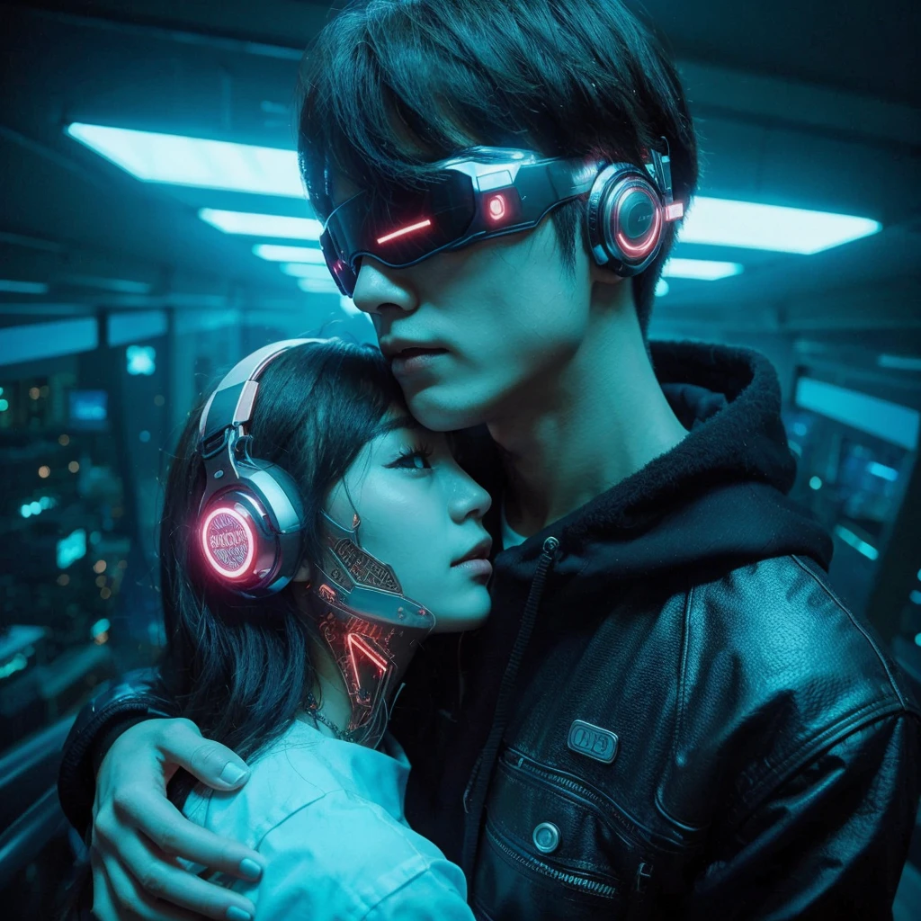 photoshoot,photo taken from above,Cyberpunk korean couple,(romantic lift hug),ultra realistic,8k,cool romantic couple,clear image