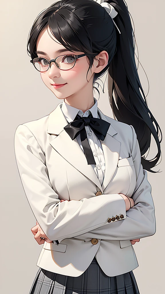 highest quality、Realistic、Women、zoom、cute、Grey Eyes、Black Hair、ponytail、ivory blazer、White blouse、Ribbon、Green checked pleated skirt、Glasses、Arms crossed、Looking down、smile、Bust Shot、