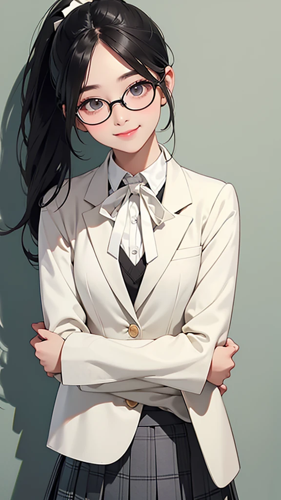 highest quality、Realistic、Women、zoom、cute、Grey Eyes、Black Hair、ponytail、ivory blazer、White blouse、Ribbon、Green checked pleated skirt、Glasses、Arms crossed、Looking down、smile、Bust Shot、