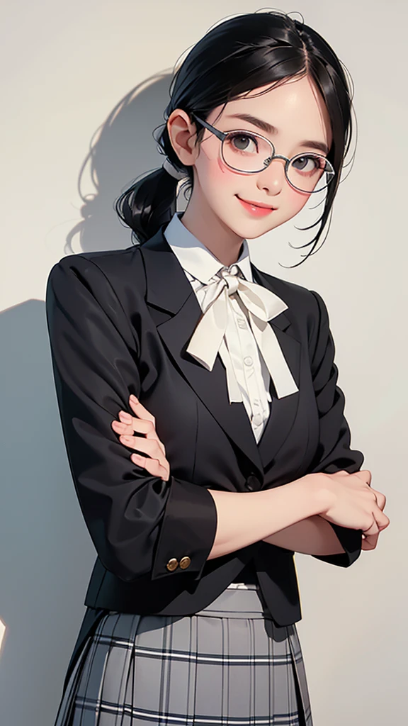highest quality、Realistic、Women、zoom、cute、Grey Eyes、Black Hair、ponytail、ivory blazer、White blouse、Ribbon、Green checked pleated skirt、Glasses、Arms crossed、Looking down、smile、Bust Shot、