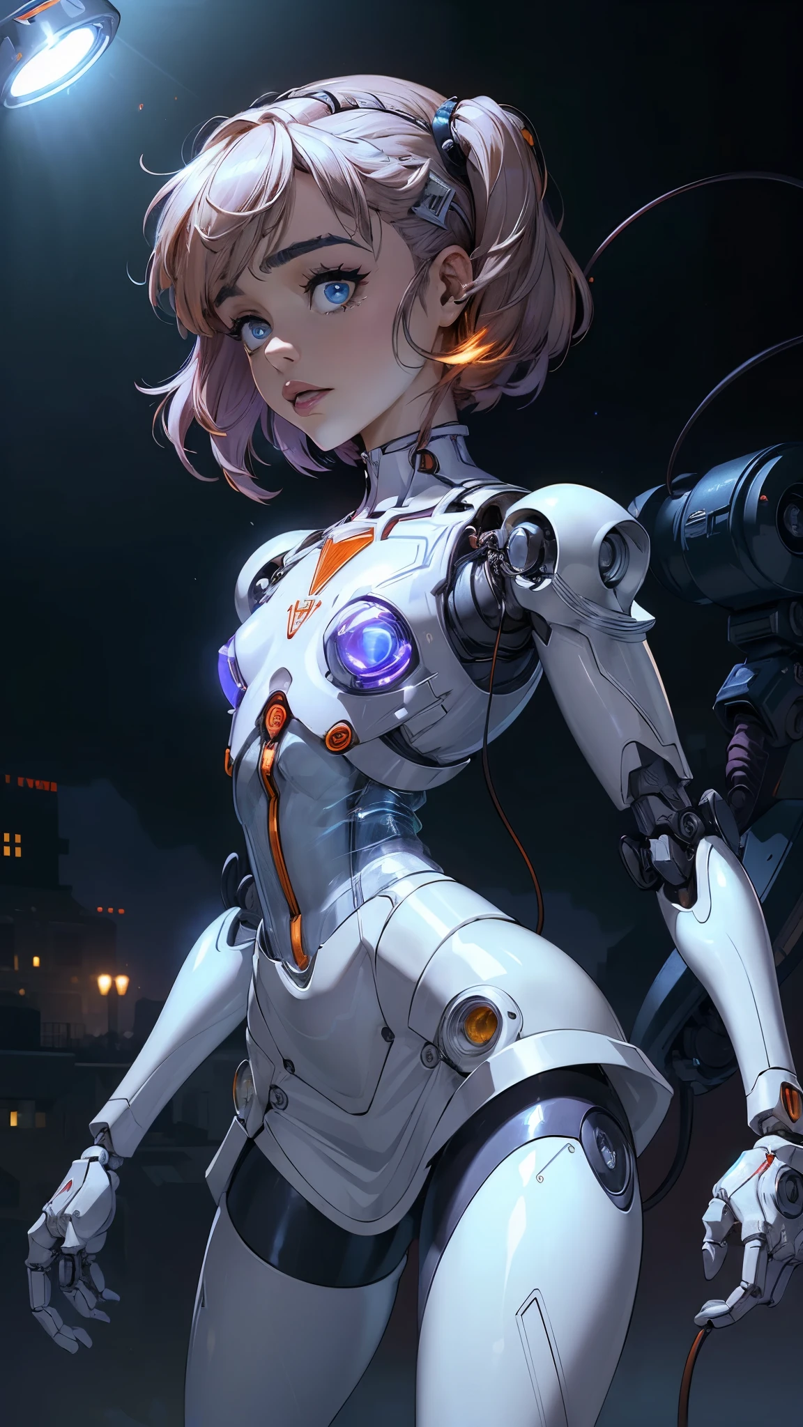 (La mejor calidad,A high resolution,Ultra - detallado,actual),sabrina carpenter cyborg, ( mini skirt cyborg orange :1.4), top corto white,(casco de astronaut cyborg :1.4) ,(Fondo de ruinas de mazmorra en ruinas cyberpunk :1.4 ), (Mechanical vertebrae attached to the back, mechanical cervical attachment to the neck, alambres y cables que se conectan a la cabeza, Evangelion, small bright LED lamps:1.4) , More detailed 8K.motor irreal:1.4,UHD,La mejor calidad:1.4, fotorrealista:1.4, textura de la piel:1.4, obra maestra:1.8,obra-prima, mejor calidad,objeto Objeto], (detailed face features:1.3),(Las proporciones correctas),(Ojos hermosos azules),  (pose vaquero),( sabrina carpenter:1.4), (sabrina carpenter V2.1),( perfect anatomy:1.4), (cyborg mechanical robot transparent plastic white:1.4), ,(Fondo de ruinas de mazmorra en ruinas piedras grandes caverna :1.4 ), (cinematic lighting :1.4), (fondo laboratorio robotic :1.4), (Cyborg inteligencia artificial :1.4),( face detailed :1.4), (tiene un casco de astronauta Cyborg :1.4), (wearing astronaut suit:1.4), (wearing astronaut suit V2.1) 