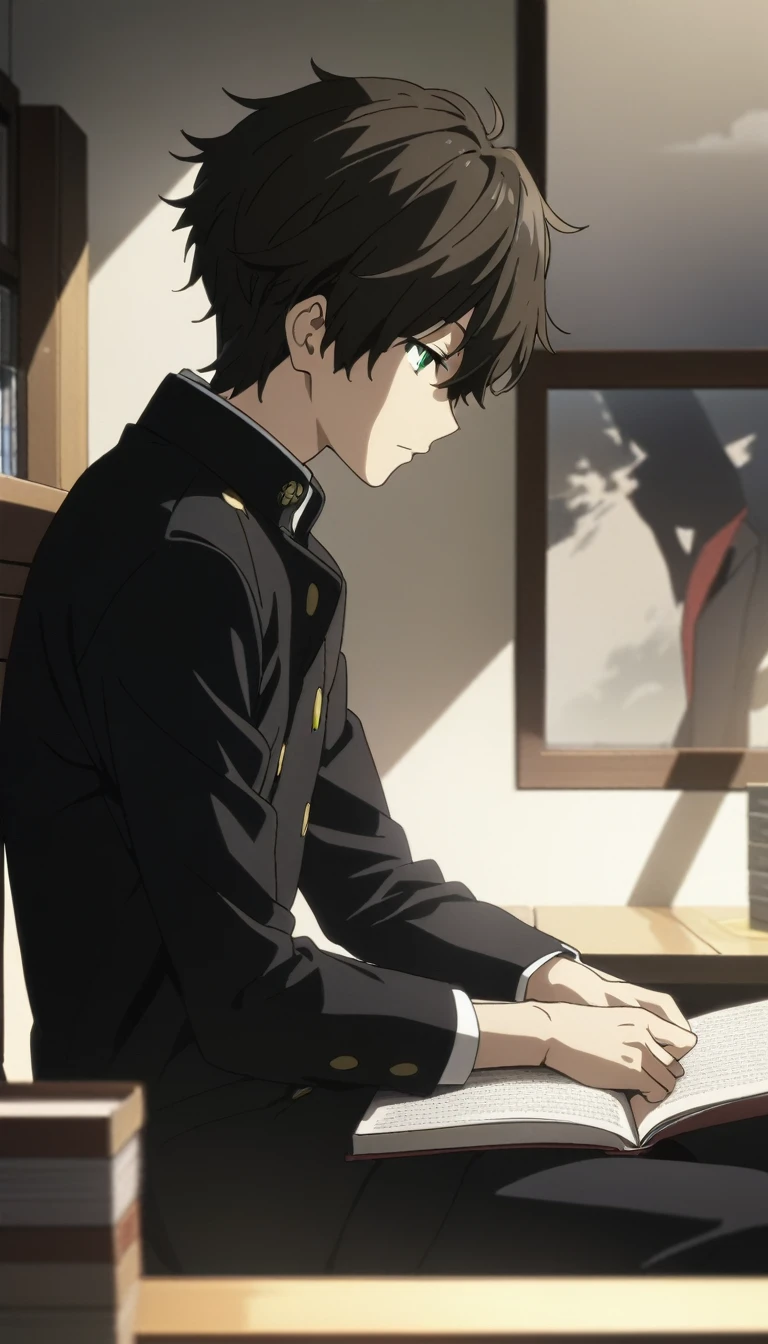 One boy,
Orekihotoro,
Green Eyes,Black Hair,Brown Hair,
Expressionless,
gakuran,
I read a book,
Sitting,
figure書館,
From the side,
masterpiece, highest quality, Super detailed, High resolution,4K,(Super detailed:1.4) (figure:0.5), (Ray Tracing,:0.8),(Anime Color:0.7),(AI-generated:0.5), (Anime screenshots:1.2),