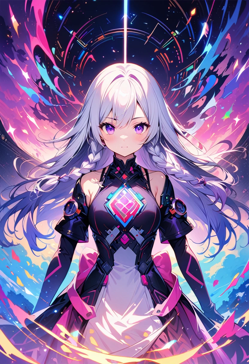 1 Girl, yinji, purple hair, purple eyes, long hair, white hair, double braids, gradient hair,Pictures showing the beauty of artificial intelligence, Includes symbols and circuits that overlap with impressively vibrant and attractive colors.masterpiece, Artwork of the highest quality. This image is an incredibly detailed 8K CG wallpaper, Featuring art film lighting and cinematic tones as well as neutral filters.