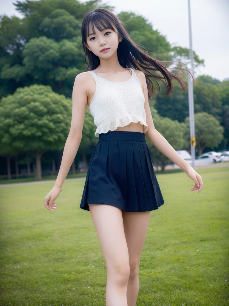(masterpiece, highest quality:1.4), Award-winning portraits, 8k, 85mm, alone, Beautiful Face, Delicate girl,  (Cheerleader、On the grass), Sophisticated, cute, 15 years old, RAW Photos, Confused, High resolution, Sharp focus, Background Blur、(((flat  、thin and delicate body、Childish atmosphere)))、shiny semi-long hair、ponytail、Mole on the left cheek、 Dark blue eyes、the skirt is swaying in the wind、Hair swaying in the wind、sexy、flexible legs、naked