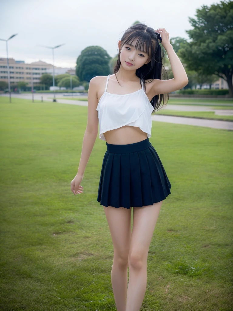 (masterpiece, highest quality:1.4), Award-winning portraits, 8k, 85mm, alone, Beautiful Face, Delicate girl,  (Cheerleader、On the grass), Sophisticated, cute, 15 years old, RAW Photos, Confused, High resolution, Sharp focus, Background Blur、(((flat  、thin and delicate body、Childish atmosphere)))、shiny semi-long hair、ponytail、Mole on the left cheek、 Dark blue eyes、the skirt is swaying in the wind、Hair swaying in the wind、sexy、flexible legs、naked