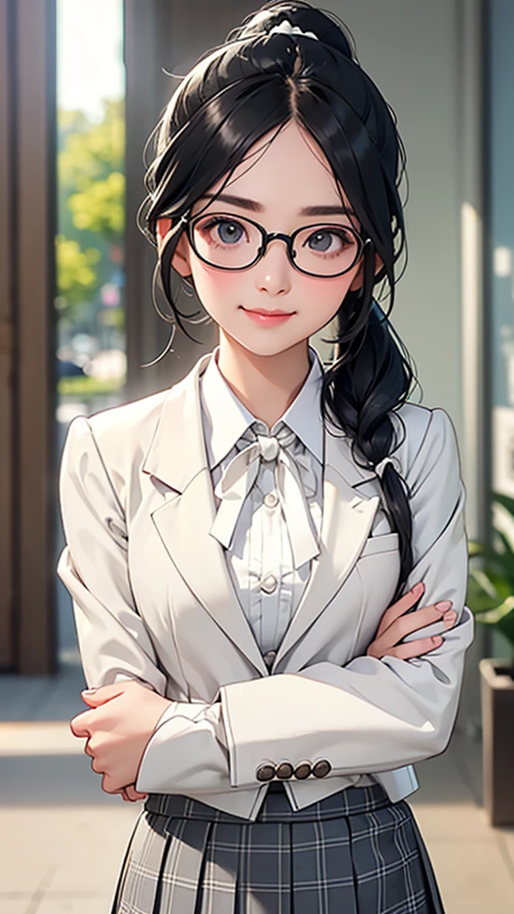 highest quality、Realistic、Women、zoom、cute、Grey Eyes、Black Hair、ponytail、ivory blazer、White blouse、Ribbon、Green checked pleated skirt、Glasses、Arms crossed、Glare、Looking down、smile、Bust Shot、