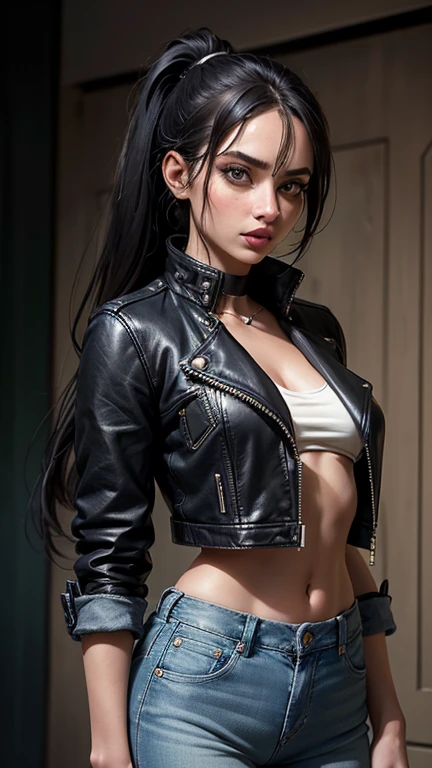 {Ana de Armas}, (Long ponytail hair with black bangs and slightly messy),, (olhos verdes, olhos altamente detalhado e brilhante), (full lips with dark lipstick), (perfect symmetrical body, cintura fina, quadril largo, magra), (corpo inteiro, facing away from the camera, usando um short curto, jaqueta jeans), imagem altamente detalhada, alta qualidade, 16K, Altamente hiper realista.