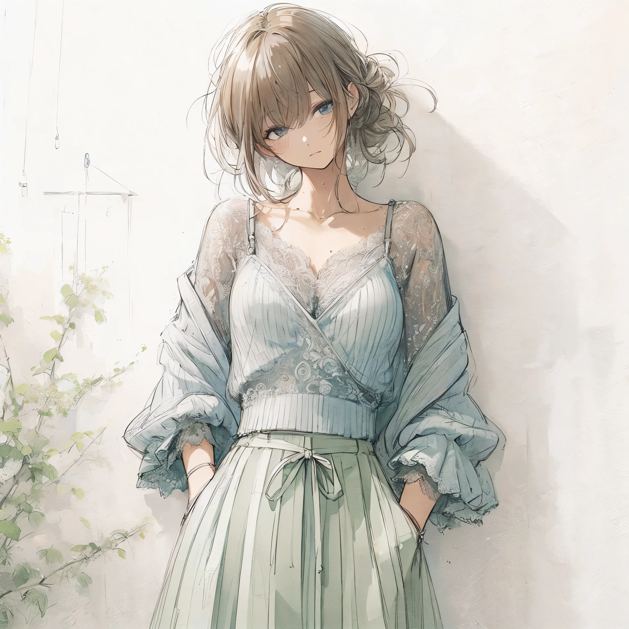 Official art using high-quality hand-drawn watercolor sketch techniques. (best quality,4k,8k,highres,masterpiece:1.2),ultra-detailed,beautiful detailed gray eyes,A girl with beautiful eyes, everyone, beautiful anime girl, cute anime girl, smooth anime art, anime style, elegant colors, soft lighting, delicate beautiful wet eyes, very coquettish, (beautiful large breast:1.2), (correct hands:1.2),