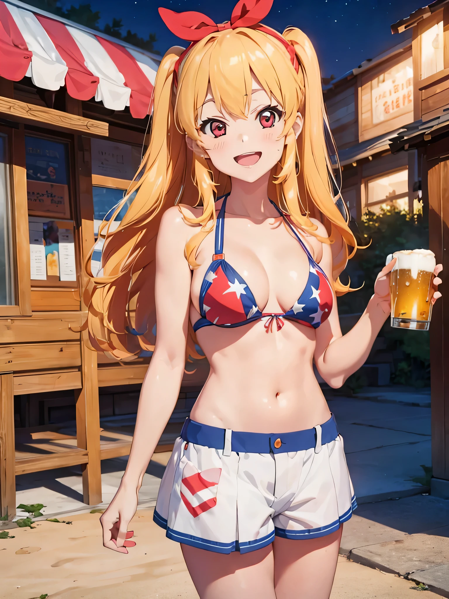 an illustration of a hot girl holding two beers on a beach at night, 1girl, breasts, solo, american flag bikini, flag print, swimsuit, nipples, one eye closed, bikini, shorts, blonde hair, kay (girls und panzer), large breasts, smile, open mouth, long hair, beer, navel, mug, beer mug, short shorts, cup, bikini lift, looking at viewer, bikini top only, blush, alcohol