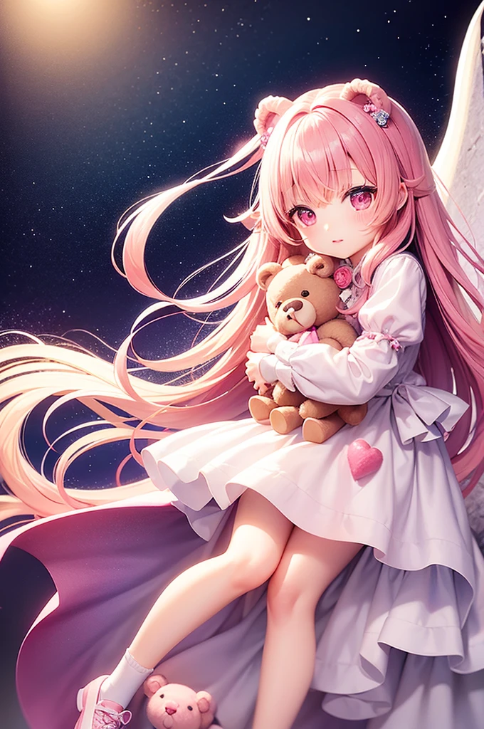 girl、5 years old、Long Hair、Fluffy dress、Pink Hair、Pink Eyes、On Pegasus、Background cloud、Teddy bear hug、night、candy、Sparkling
