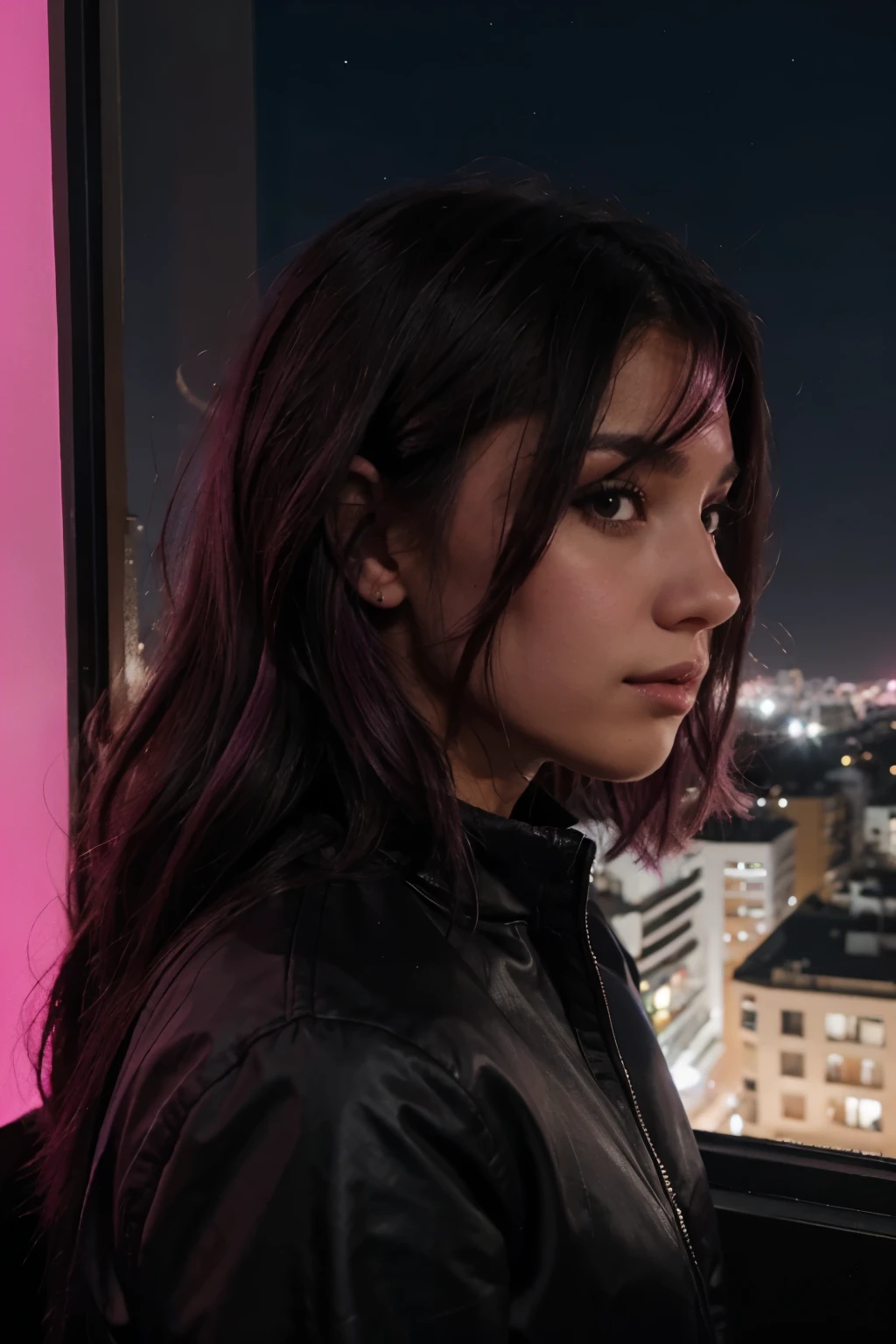 Noche tono negro por la ventana una chica guapa de cabello rosado magenta mirando el cielo nocturno