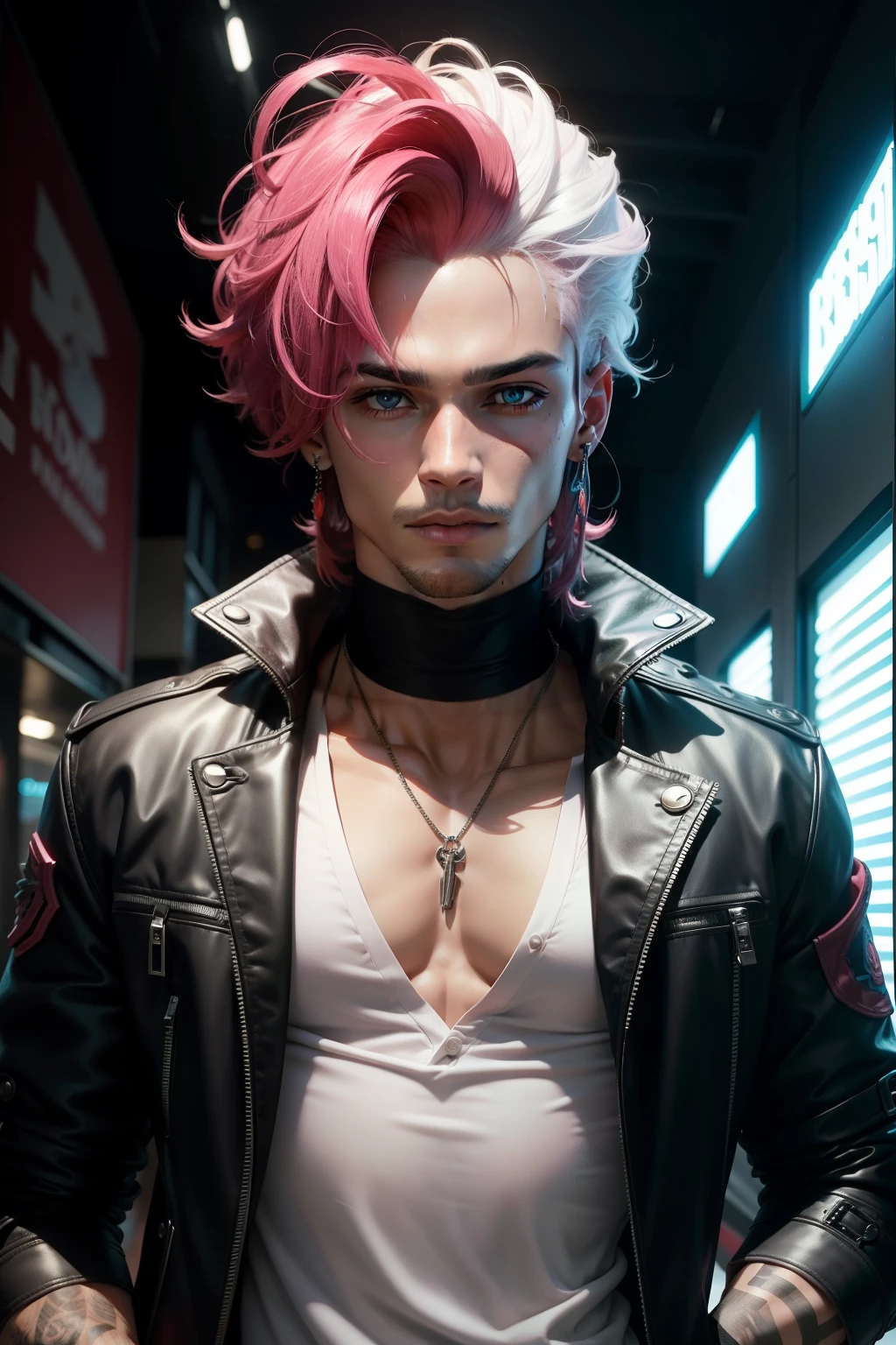 Personaje masculino con cabello rosado ligeramente puntiagudo y muy corto, destellos de luces rojos desde los ojos. Tiene una chaqueta azul con detalles en blanco