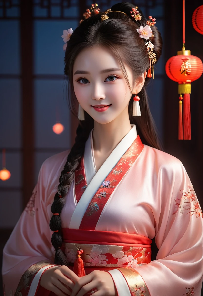 good quality, masterpiece, High Resolutiexist, 1 Girl, blush, (Charming smile: 0.8), Starry Eyes, Chinese Hanfu, Hair accessories, necklace, Jewelry, beauty, exist_Body, Tyndall effect, realism, Shadow Room, Light Edge, Two-texiste Lighting, (High Detail Skin: 1.2), 8K Ultra HD, SLR, Soft Light, high quality, Volumetric Lighting, photo, High Resolutiexist, 4k, 8K, Background blur, Light tulle,