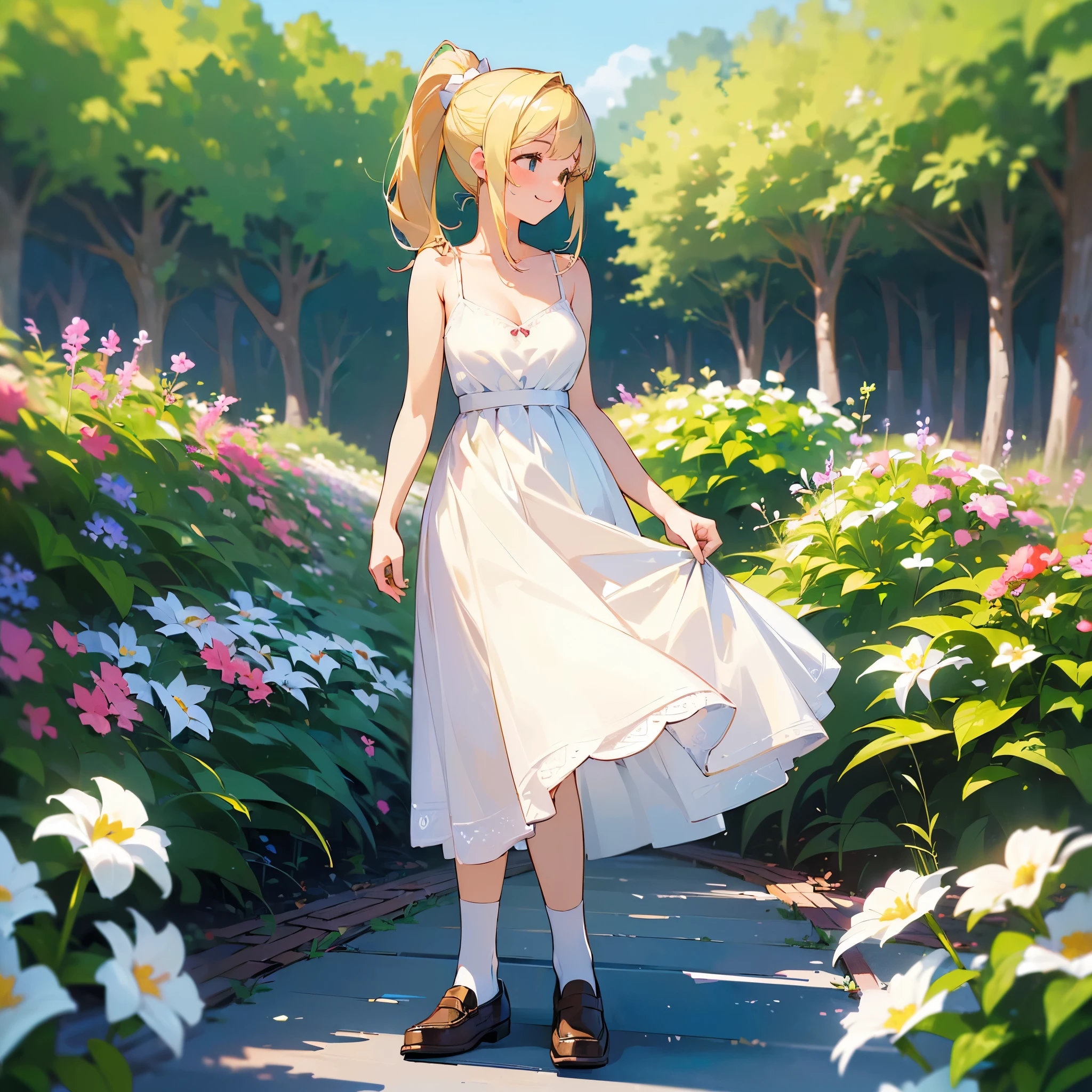 (high quality, High resolution, Very detailed, reality:1.37), Peaceful atmosphere, (Outdoor, garden), age girl standing alone, (my breasts are big.), Beautiful details, Cute Smile, (Blonde Ponytail), White camisole dress, White socks, loafers.