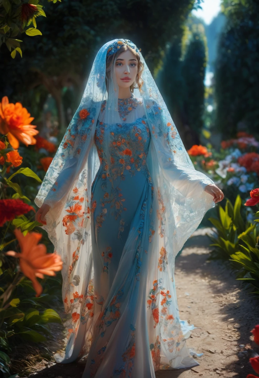 a beautiful girl in a lush garden, vibrant blue sky, red and orange flowers, detailed face and eyes, volumetric lighting, intricate details, photorealistic, high definition, masterpiece, professional digital art, cinematic color palette