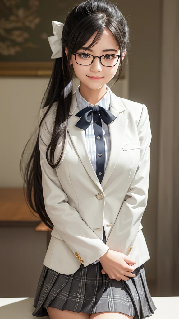 highest quality、Realistic、Women、zoom、cute、Grey Eyes、Black Hair、ponytail、ivory blazer、White blouse、Blue ribbon、Green checked pleated skirt、Glasses、Arms crossed、Glare、Looking down、smile、Bust Shot、