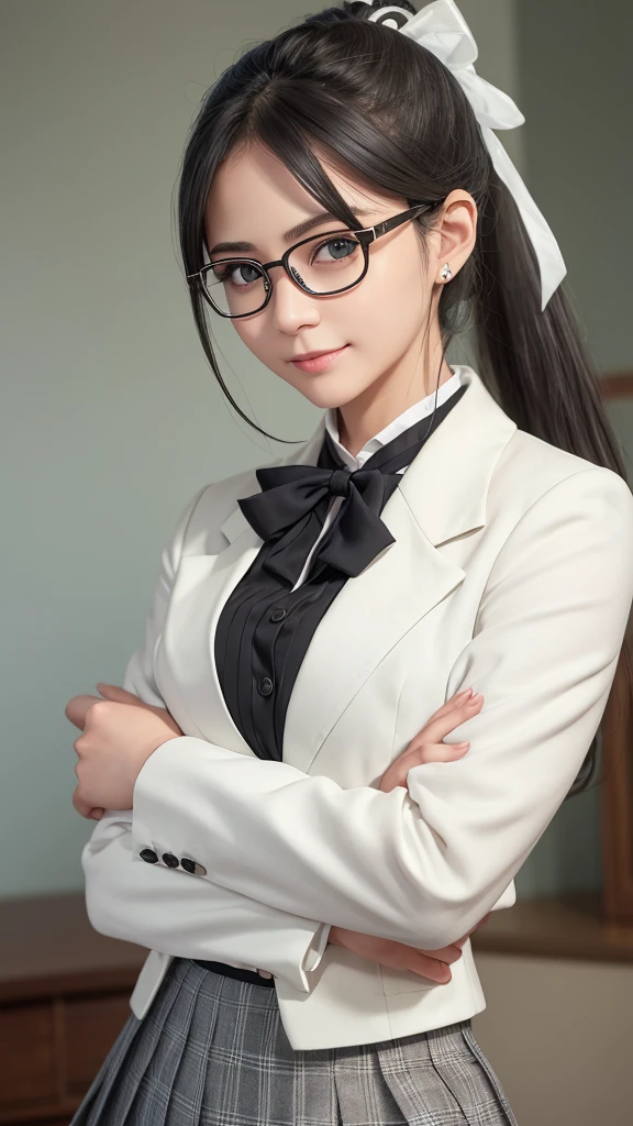 highest quality、Realistic、Women、zoom、cute、Grey Eyes、Black Hair、ponytail、ivory blazer、White blouse、Blue ribbon、Green checked pleated skirt、Glasses、Arms crossed、Glare、Looking down、smile、Bust Shot、
