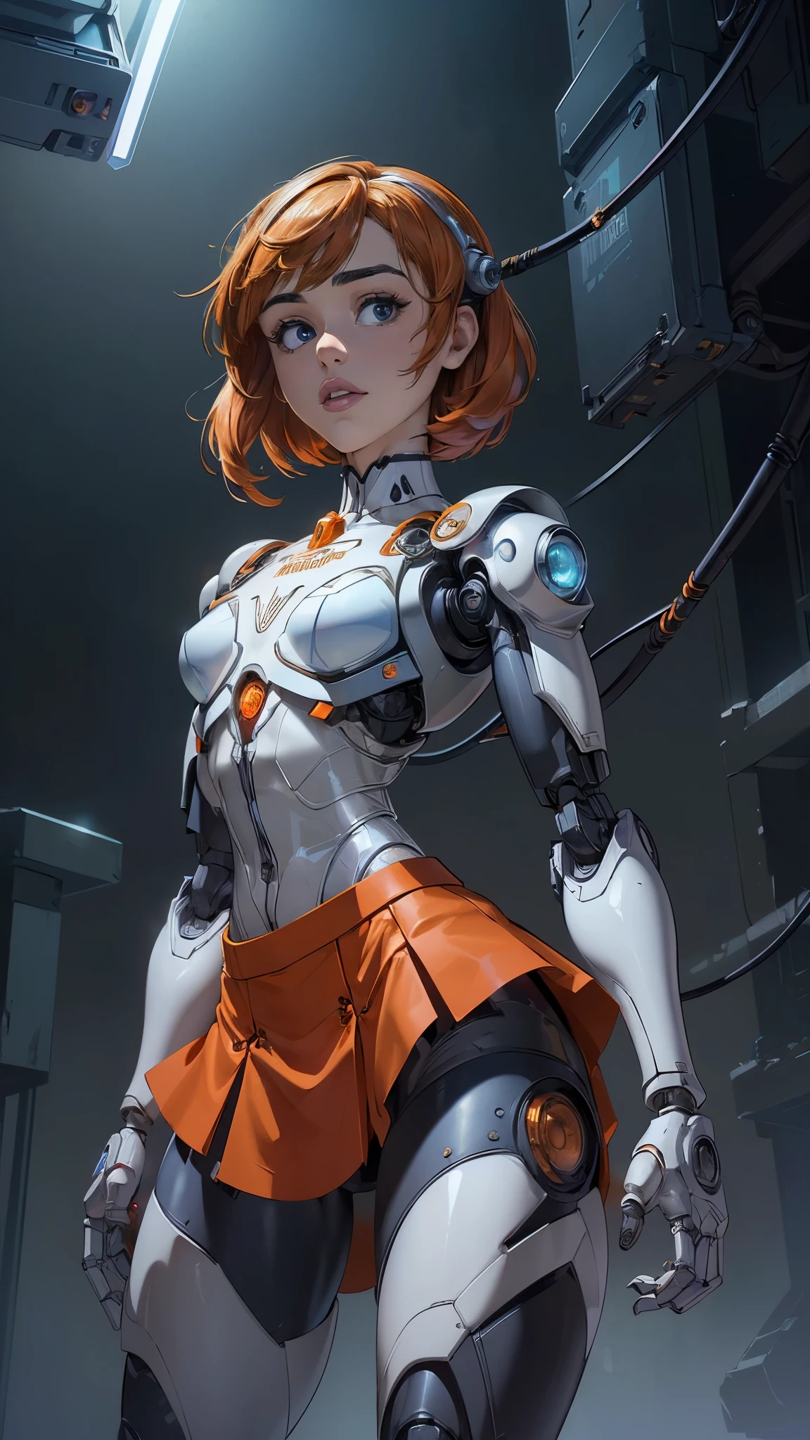 (La mejor calidad,A high resolution,Ultra - detallado,actual),sabrina carpenter cyborg, ( mini skirt orange :1.4),(cabello largo orange :1.4), top corto white,,(Fondo de ruinas de mazmorra en ruinas cyberpunk :1.4 ), (Mechanical vertebrae attached to the back, mechanical cervical attachment to the neck, alambres y cables que se conectan a la cabeza, Evangelion, small bright LED lamps:1.4) , More detailed 8K.motor irreal:1.4,UHD,La mejor calidad:1.4, fotorrealista:1.4, textura de la piel:1.4, obra maestra:1.8,obra-prima, mejor calidad,objeto Objeto], (detailed face features:1.3),(Las proporciones correctas),(Ojos hermosos azules),  (pose vaquero),( sabrina carpenter:1.4), (sabrina carpenter V2.1),( perfect anatomy:1.4), (cyborg mechanical robot transparent plastic white:1.4), 