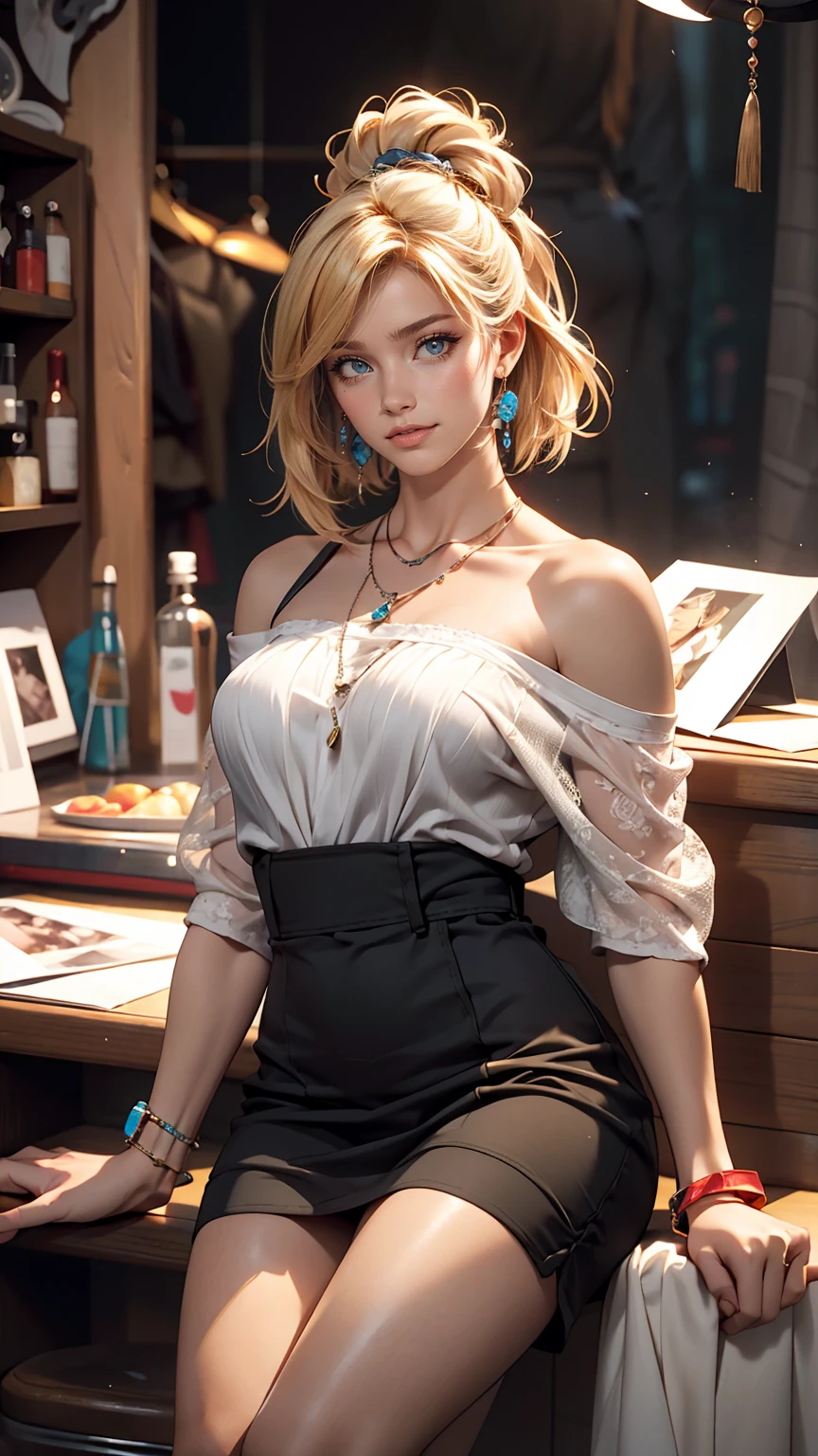 8K, RAW Photos, highest quality, masterpiece:1.2), (Realistic, photo-Realistic:1.37)、Venus Body、Having her hair done、My chest is popping out、Wear accessories on your wrist、Wearing accessories on the ankle、smile、White woman、Platinum Blonde、blue eyes、Two Side Up((hair two side up))、Wear a sheer off-the-shoulder dress、Wear mules、smile
