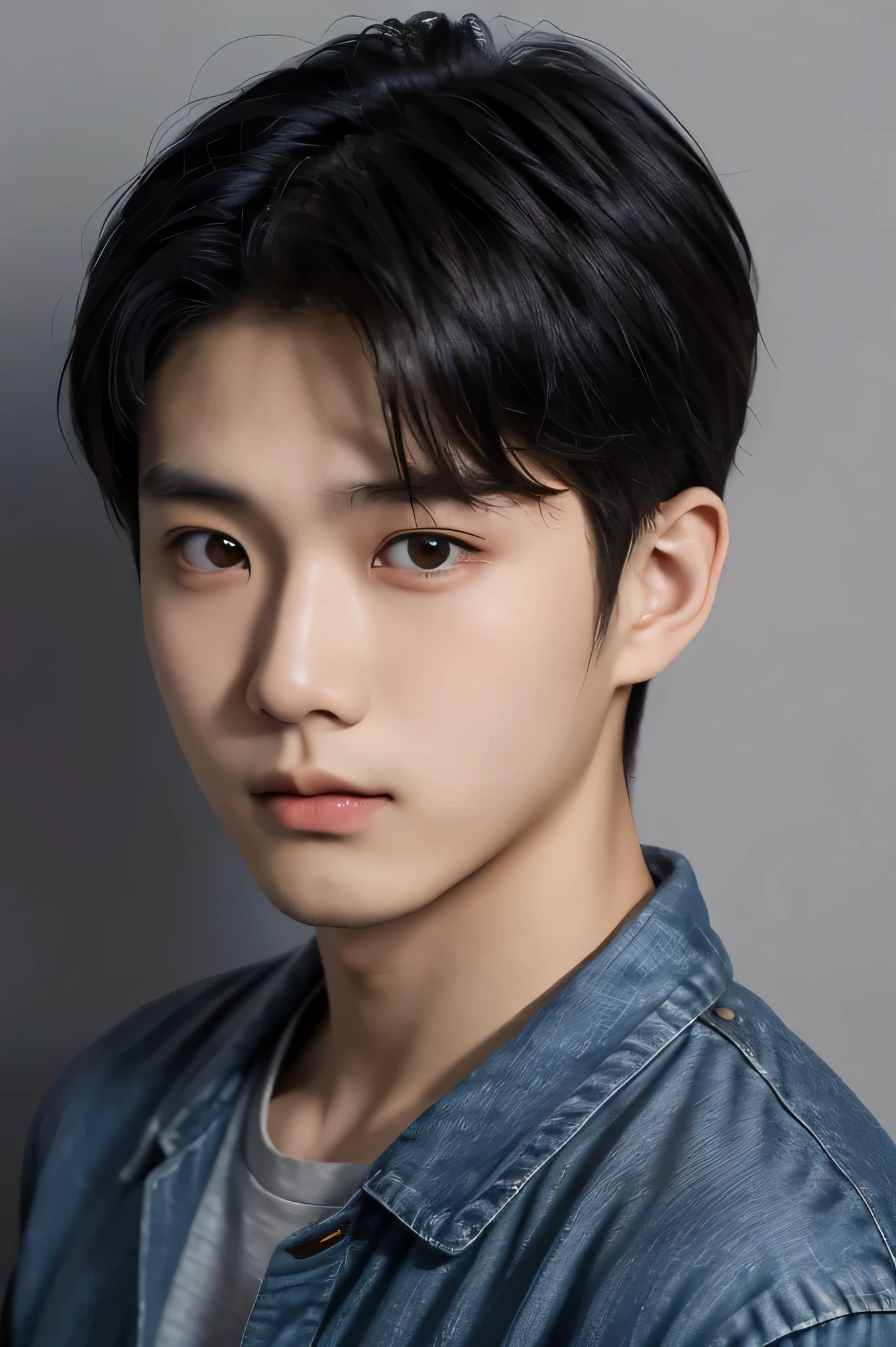 20-year-old Asian man with medium-length hair. He has a serious yet calm expression, and is wearing white clothes. The background should be simple and elegant. Use the provided face as a reference."