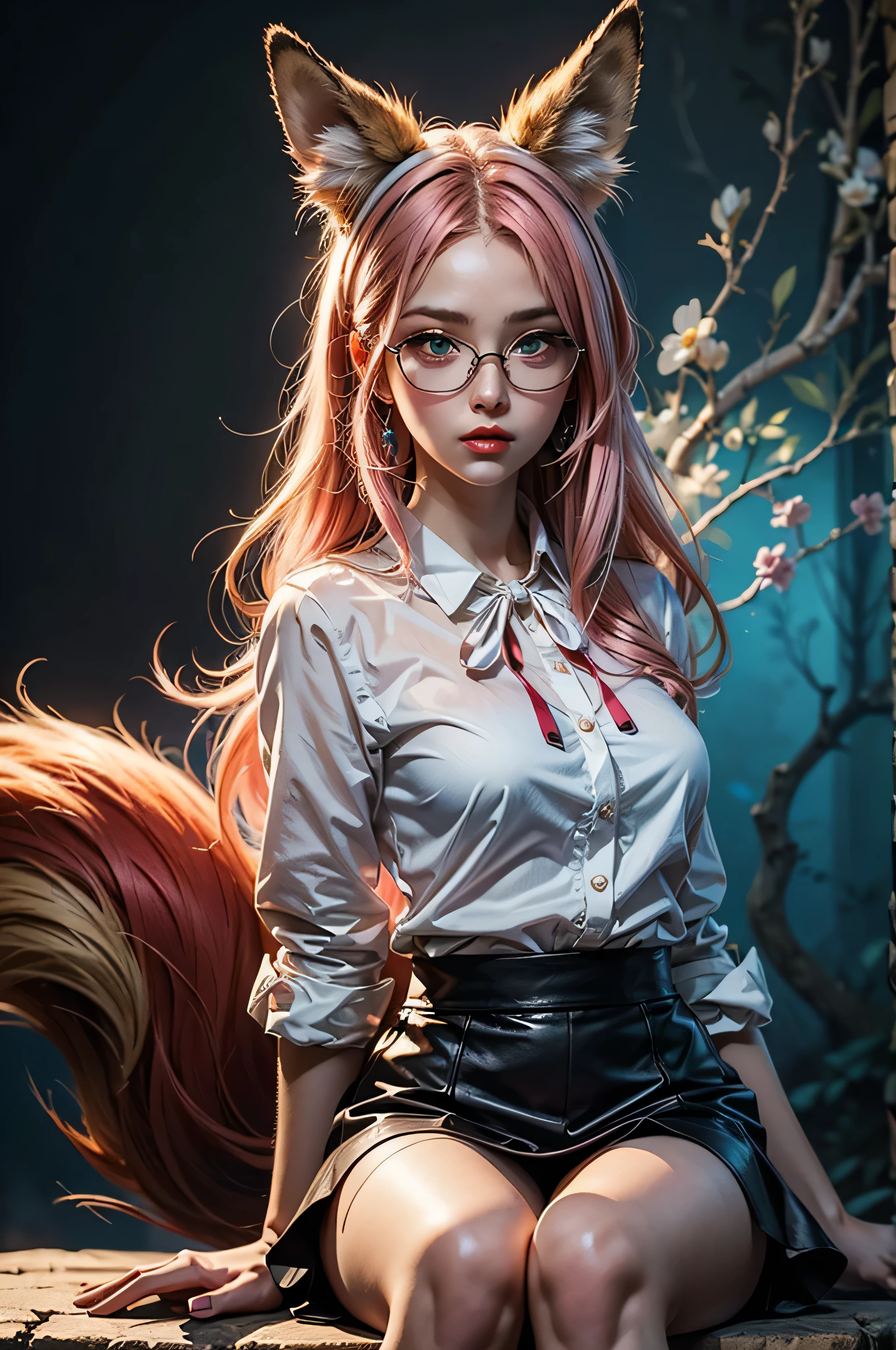 On of the hood of luxurious car sitting a female kitsune in seductive pose, she have red long hair with pink highlights, charming green eyes. tasty red lips, she dressed in unbutton blouse, black short skirt high stoking and snickers, also she wear glasses, she have four gorgeous magic fox tails, (ultra high quality fantasy art, anime fantasy style, masterpiece, ultra high quality character design, 8k quality anime art, realistic anime art, top quality wallpaper illustration, detailed ultra high quality accurate face, high quality design and accurate physic)