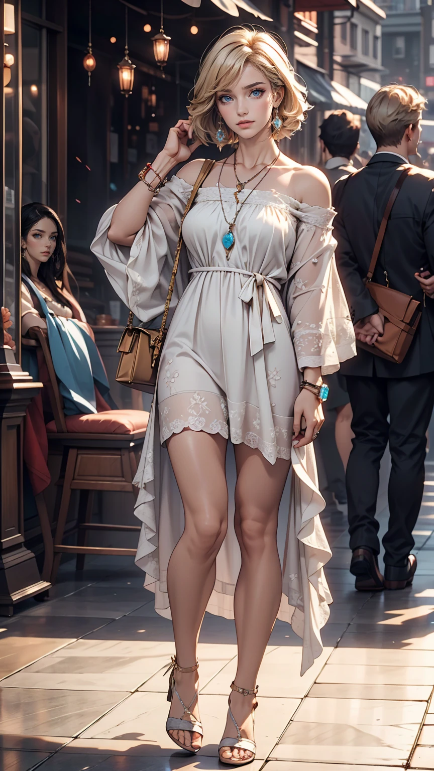 8K, RAW Photos, highest quality, masterpiece:1.2), (Realistic, photo-Realistic:1.37)、Venus Body、Having her hair done、My chest is popping out、Wear accessories on your wrist、Wearing accessories on the ankle、smile、White woman、Platinum Blonde、blue eyes、Two Side Up((hair two side up))、Wear a sheer off-the-shoulder dress、Wear mules、smile