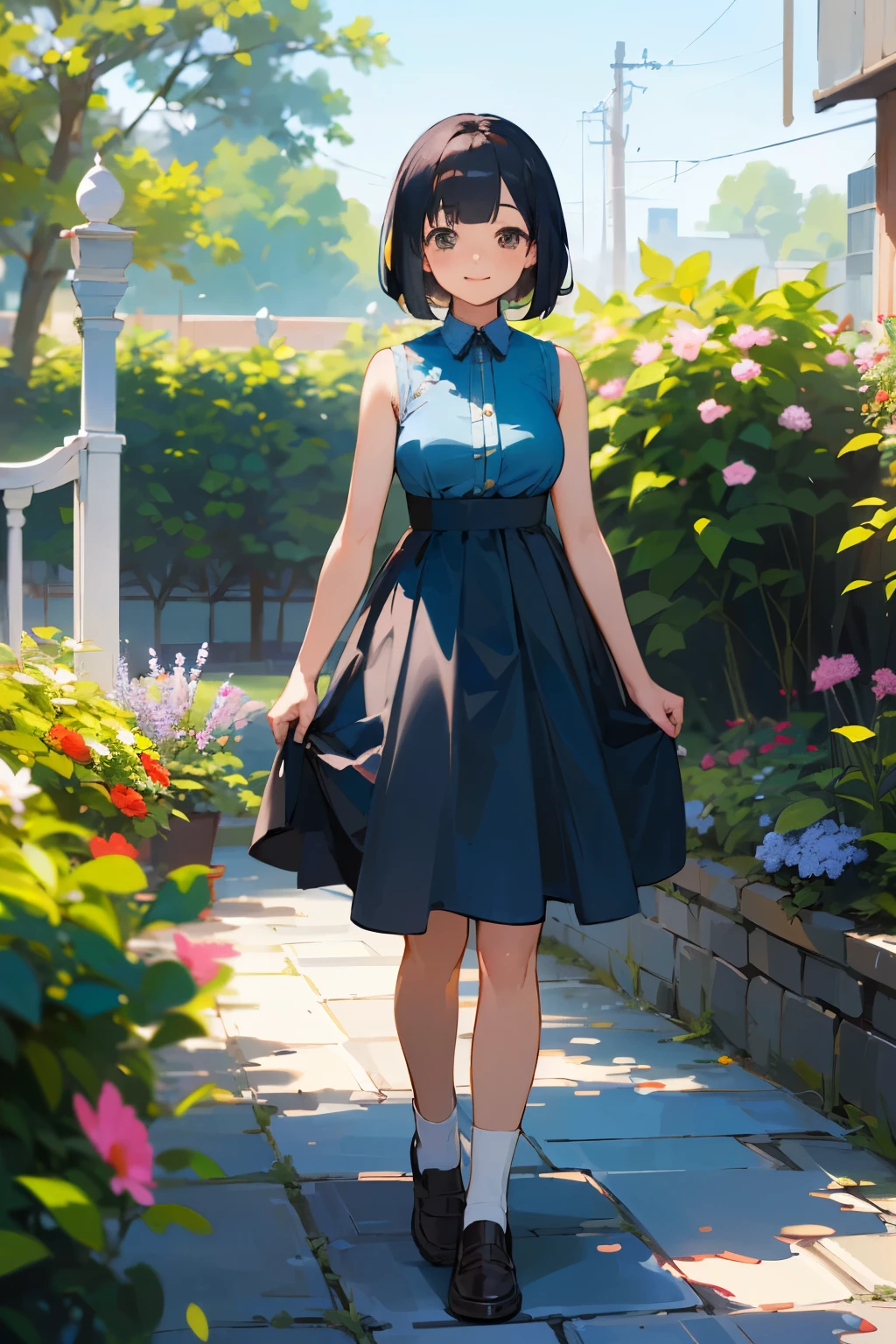 (high quality, High resolution, Very detailed, reality:1.37), Peaceful atmosphere, (Outdoor, garden), Teenage girl standing alone, (my breasts are big.), Beautiful details, Cute Smile, (Black bob hair), Blue sleeveless dress, White socks, loafers.