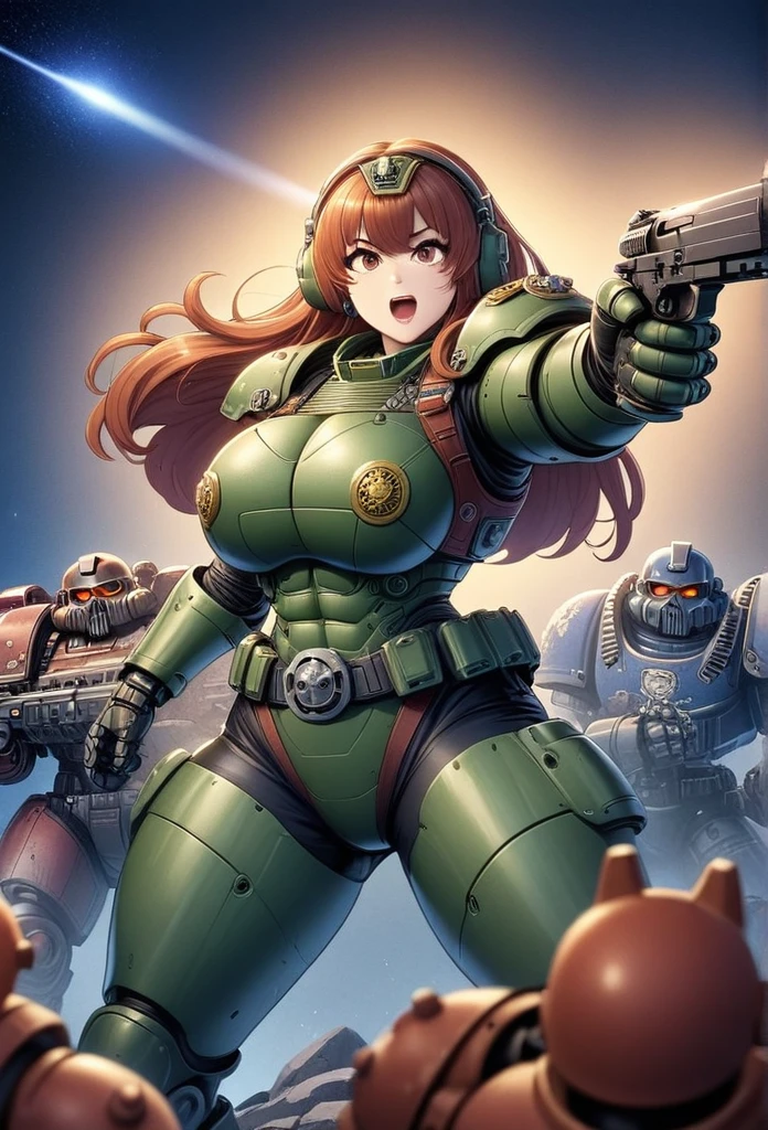 detailed illustration (side view),dynamic angle,ultra-detailed, illustration, pose for the camera, anime, clean line art, shading, woman, Big strong woman, wearing power armor, hand outstretched towards camera, fighting, rescuing viewer, helmet off, no helmet, beautiful woman, beautiful face, caring face, concerned face, female space marine, warhammer space marine, women space marines, in heavy power armor, warhammer 40k power armor, bulky build, muscles, buff, dommy mommy