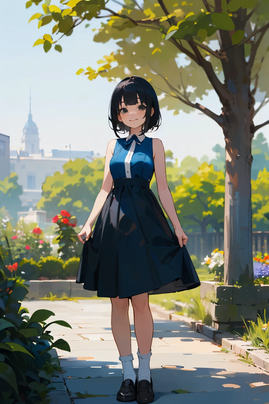 (high quality, High resolution, Very detailed, reality:1.37), Peaceful atmosphere, (Outdoor, garden), Teenage girl standing alone, (my breasts are big.), Beautiful details, Cute Smile, (Black bob hair), Blue sleeveless dress, White socks, loafers.