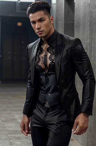 Handsome Latin Man Glamor Modern Fashion Black Lace Suit Suit Jacket Athletic Outfit Sexy Black Lace Pop Star Transparent Bare Chest and Tulle.   . tight pants showing muscles