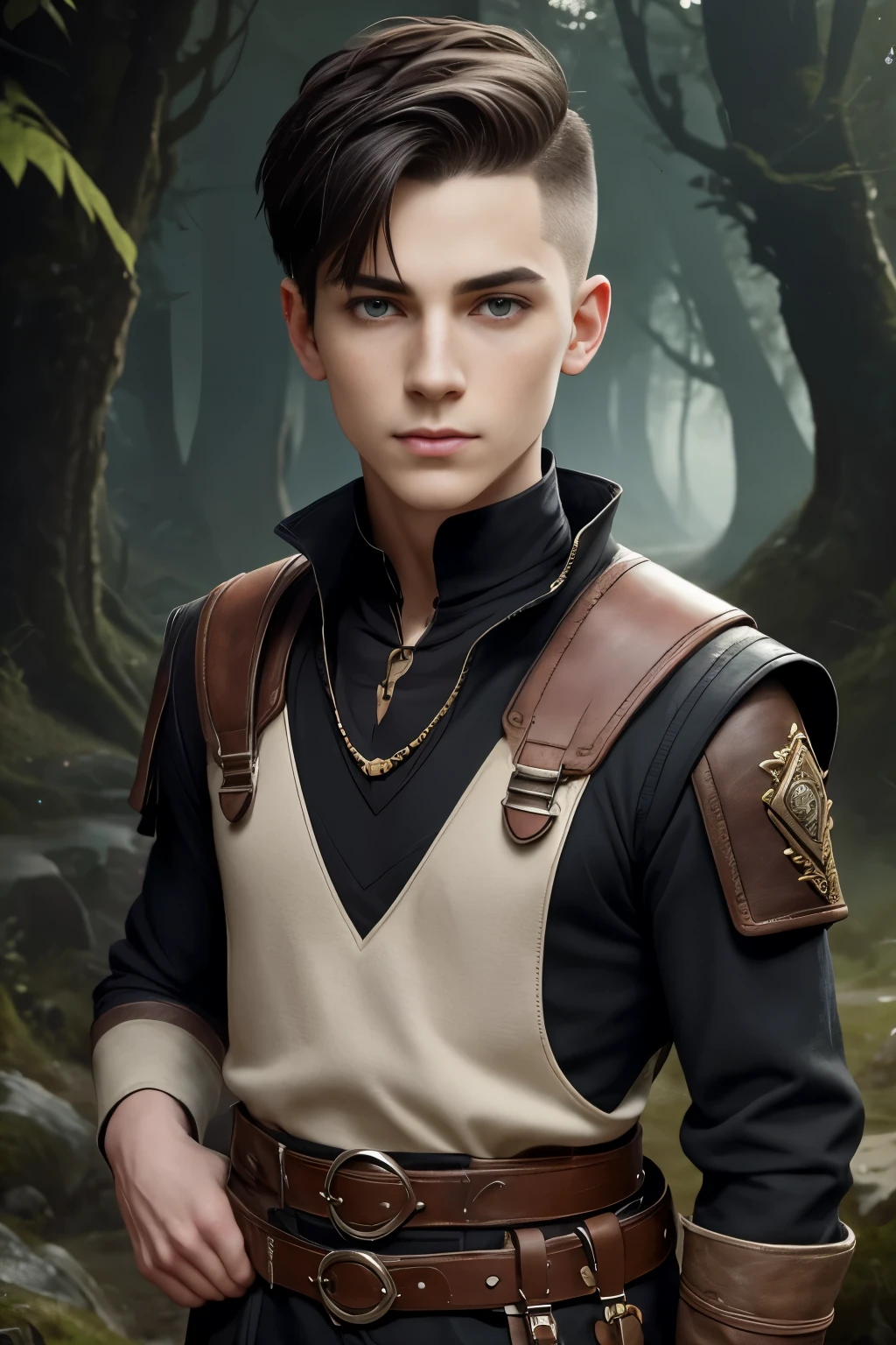 Fullbody portrait of an androgynous young male socerer with a undercut. Kind. Friendly. Happy. Very short haircut. Dark-brown hair with a undercut. Sides shaved. A soft narrow face with a lot of freckles. Long neck. Soft round chin. Wide forehead. Very thin barley visible eyebrows. Big upturned eyes. Dark-brown eyecolour. Long wide nose. Soft curved lips. Very pale skin with liverspots. Slim body. Black boots. Wearing D&D style clothing. Outfit of an Adventuerer. Beautiful colourful fantasy landscape with hills and forests. 