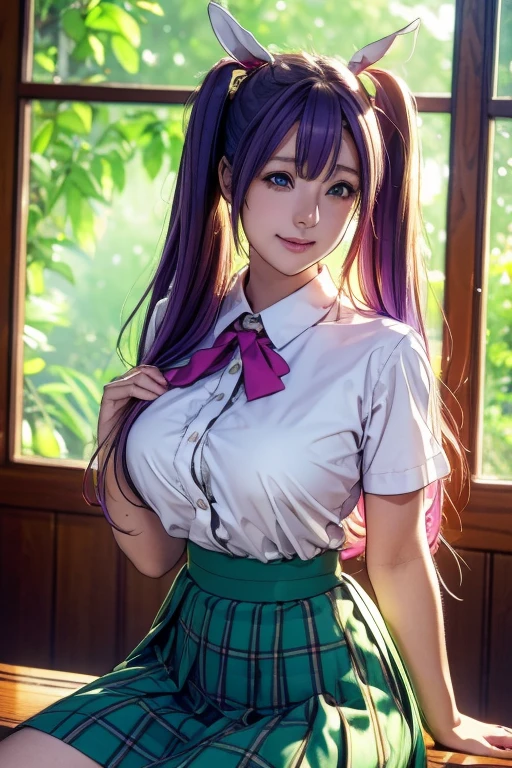 sit in tropical rainforest , steam , waistband of skirt is at the point above chest , plaid skirt , pleated skirt , Tight shirt , white Shirt , school girl , skirt under breasts , skirt is near breasts area , skirt is adjacent to the chest , (masterpiece, best quality, hires, high resolution:1.2, 4k, 8k , high quality), extremely detailed, realistic, intricate details, highres, 1girl, solo, ( , thick thighs, wide hips), arched back,(cinematic lighting, sunlight, perfect lighting, backlighting), eye-level shot, extreme close-up-shot, looking at viewer, , green skirt nakano_yotsuba_ecsta, blue eyes, orange hair, hair ribbon, nakano yotsuba , twin tails hair, green ribbon, hair between eyes , masterpiece, best quality,   1girl,smile,reisen udongein inaba, purple hair,very , twin tails long hair, rabbit ears, red eyes,black jacket,pink skirt,necktie,