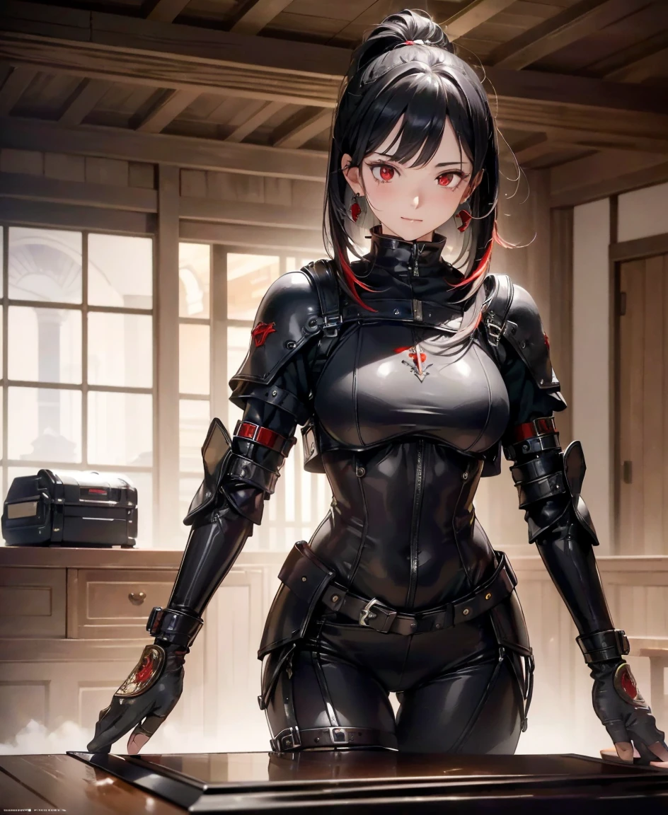 (highest quality,4K,8k,High resolution,masterpiece:1.2),Super detailed,(Realistic,photoRealistic,photo-Realistic:1.37), A Japanese female fighter with a slim build and small face, cute, 1 girl, 18-year-old, Super short black hair, A tight-fitting combat suit in shiny black with a patent leather finish, Tight suit, gloves, Steel City Background, Night lighting, Browsing Caution, Your thorns, Black Hair, (Red eyes:1.5), Earrings, 金のhair band, hair band, Long Hair, Side Lock, break lingerie, Indoor rest, bed, break looking at viewer, break (Tabletop:1.2), highest quality, High resolution, unity 8k wallpaper, (figure:0.8), (Beautiful fine details:1.6), Highly detailed face, Perfect lighting, Highly detailed CG, (Perfect hands, Perfect Anatomy),Open your legs and show off、View from below、Laughter、Luxury furniture on bedroom background、Embarrassed expression、Blushed、Open your mouth a little,