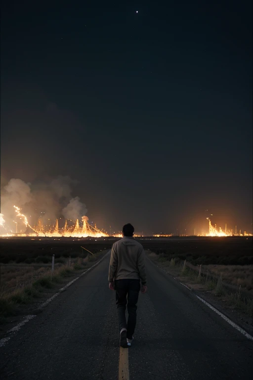 Photograph of the last man on earth walking backwards along a desolate road at night divided by a field heading towards a burning city