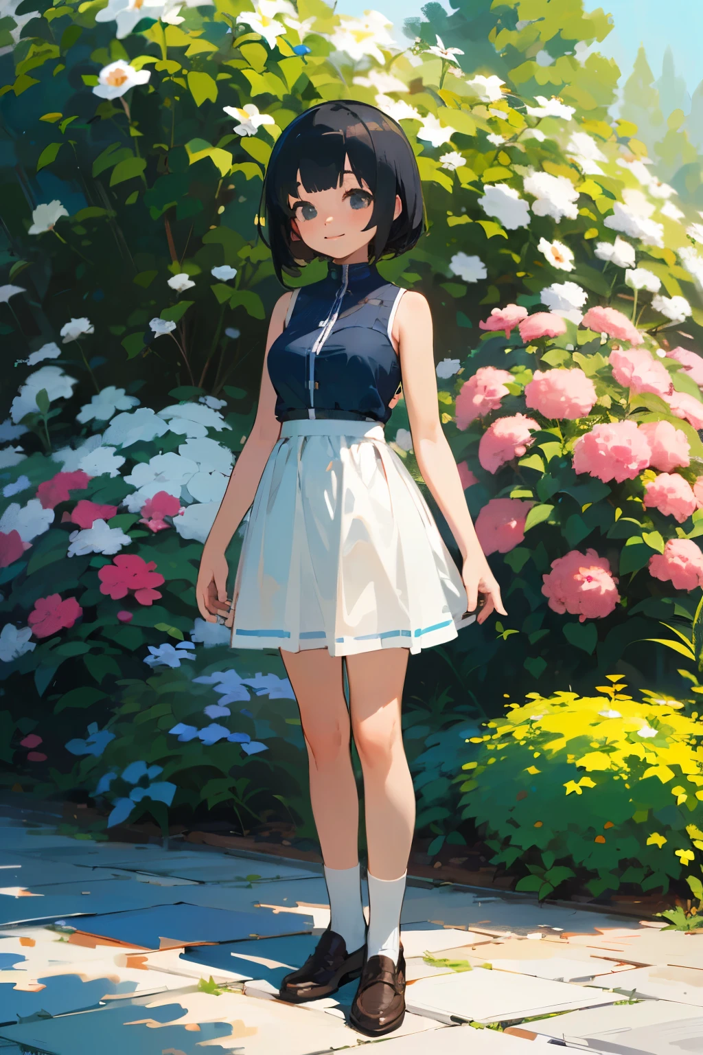 (high quality, High resolution, Very detailed, reality:1.37), Peaceful atmosphere, (Outdoor, garden), girl standing alone, (my breasts are big.), Beautiful details, Cute Smile, (Black bob hair), Blue sleeveless dress, White socks, loafers.