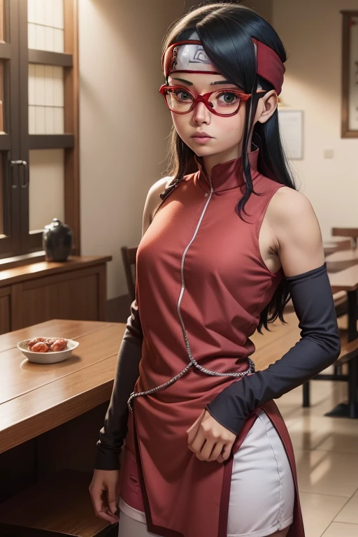 Sarada, Cabelo preto curto , olhos pretos, and with red glasses , nova com uma tez de pele clara , tem 18 anos , Esse ganho de peso , Parte superior do corpo , Seios gordinhos e gordinhos , Use uma roupa shinobi , It is in the dining hall of Shinobi Academy