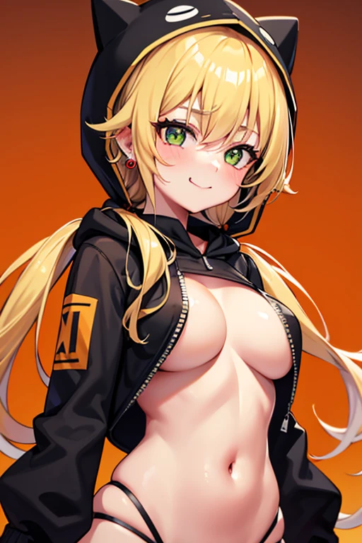 1girl, solo, long hair, (large breasts), looking at viewer, blush, smile, bangs, blonde hair, long sleeves, navel, (cleavage), twintails, jewelry, green eyes, upper body, earrings, open clothes, fang, hood, hoodie, low twintails, hooded jacket, red background, hood up, animal hood, orange background, black sweater, black hoodie, animal hood, orange background, (unzipped)