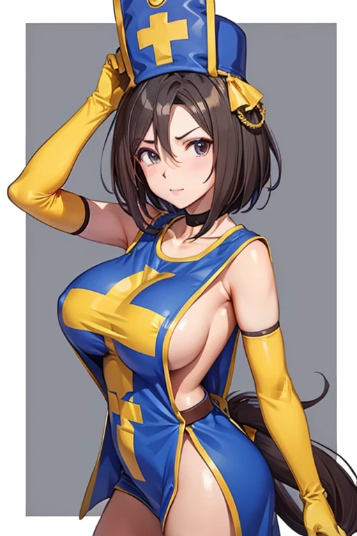 air groove \(umamusume\), priest \(dq3\), orange bodysuit, mitre, tabard, elbow gloves, big tits