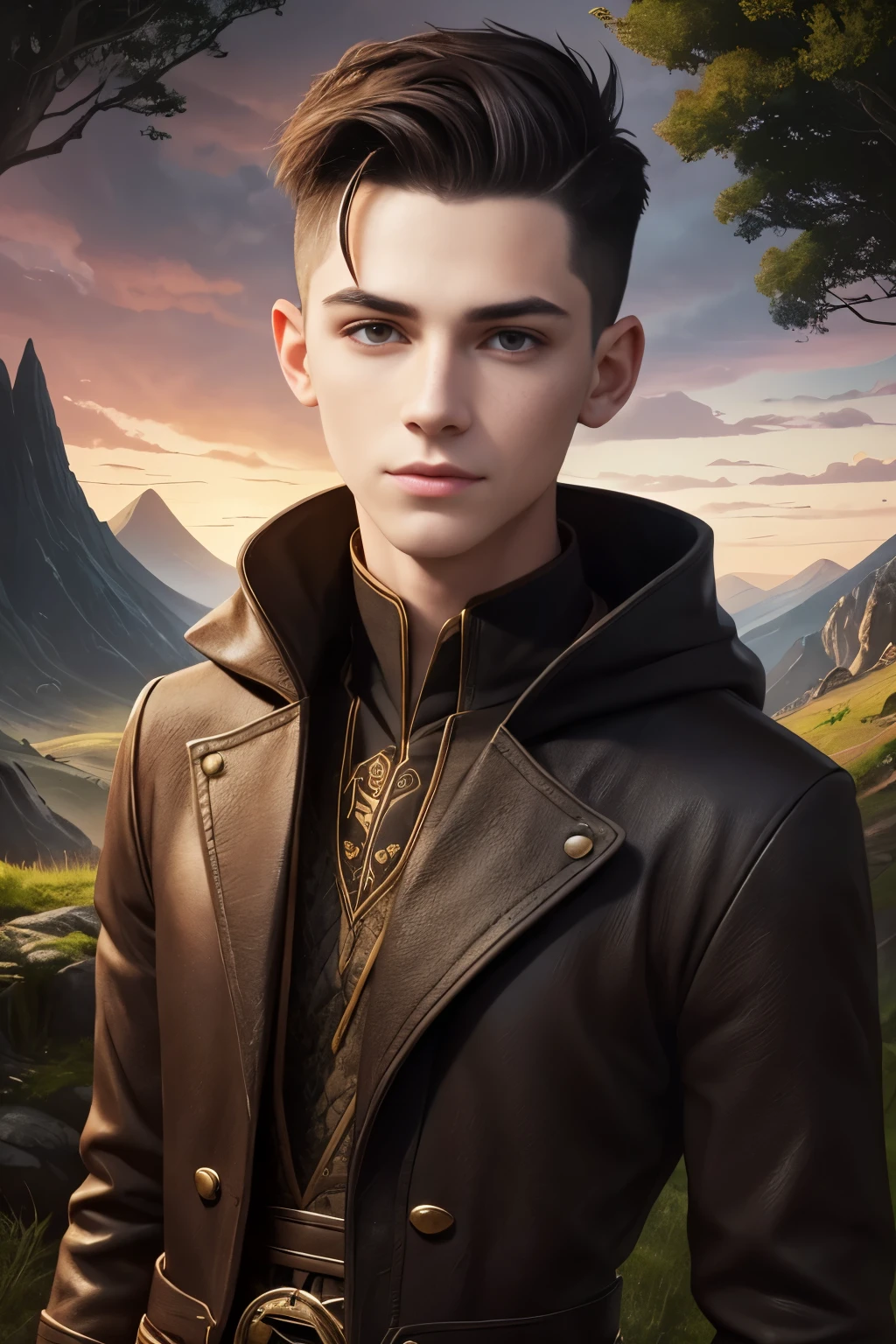 Fullbody portrait of an androgynous young male socerer with a undercut. Kind. Friendly. Happy. Very short haircut. Dark-brown hair with a undercut. Sides shaved. A soft narrow face with a lot of freckles. Long neck. Soft round chin. Wide forehead. Very thin barley visible eyebrows. Big upturned eyes. Dark-brown eyecolour. Long wide nose. Soft curved lips. Very pale skin with liverspots. Slim body. Black boots. Wearing D&D style clothing. Outfit of an Adventuerer. Beautiful colourful fantasy landscape with hills and forests.
