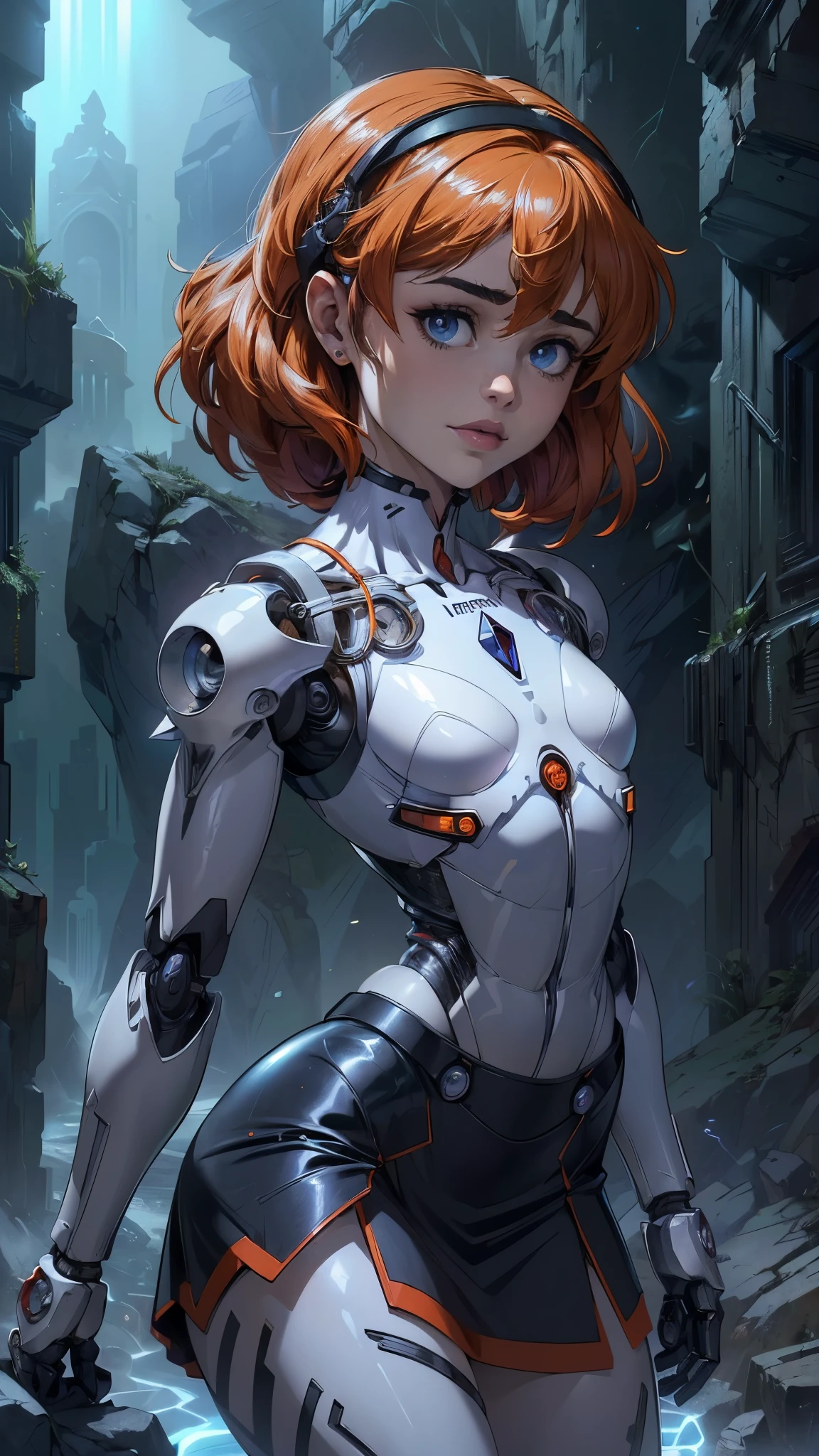 (La mejor calidad,A high resolution,Ultra - detallado,actual),sabrina carpenter cyborg, ( mini skirt orange :1.4), top corto white,,(Fondo de ruinas de mazmorra en ruinas cyberpunk :1.4 ), (Mechanical vertebrae attached to the back, mechanical cervical attachment to the neck, alambres y cables que se conectan a la cabeza, Evangelion, small bright LED lamps:1.4) , More detailed 8K.motor irreal:1.4,UHD,La mejor calidad:1.4, fotorrealista:1.4, textura de la piel:1.4, obra maestra:1.8,obra-prima, mejor calidad,objeto Objeto], (detailed face features:1.3),(Las proporciones correctas),(Ojos hermosos azules),  (pose vaquero),( sabrina carpenter:1.4), (sabrina carpenter V2.1),( perfect anatomy:1.4), (cyborg mechanical robot transparent plastic white:1.4), ,(Fondo de ruinas de mazmorra en ruinas piedras grandes caverna :1.4 ), (cinematic lighting :1.4) 